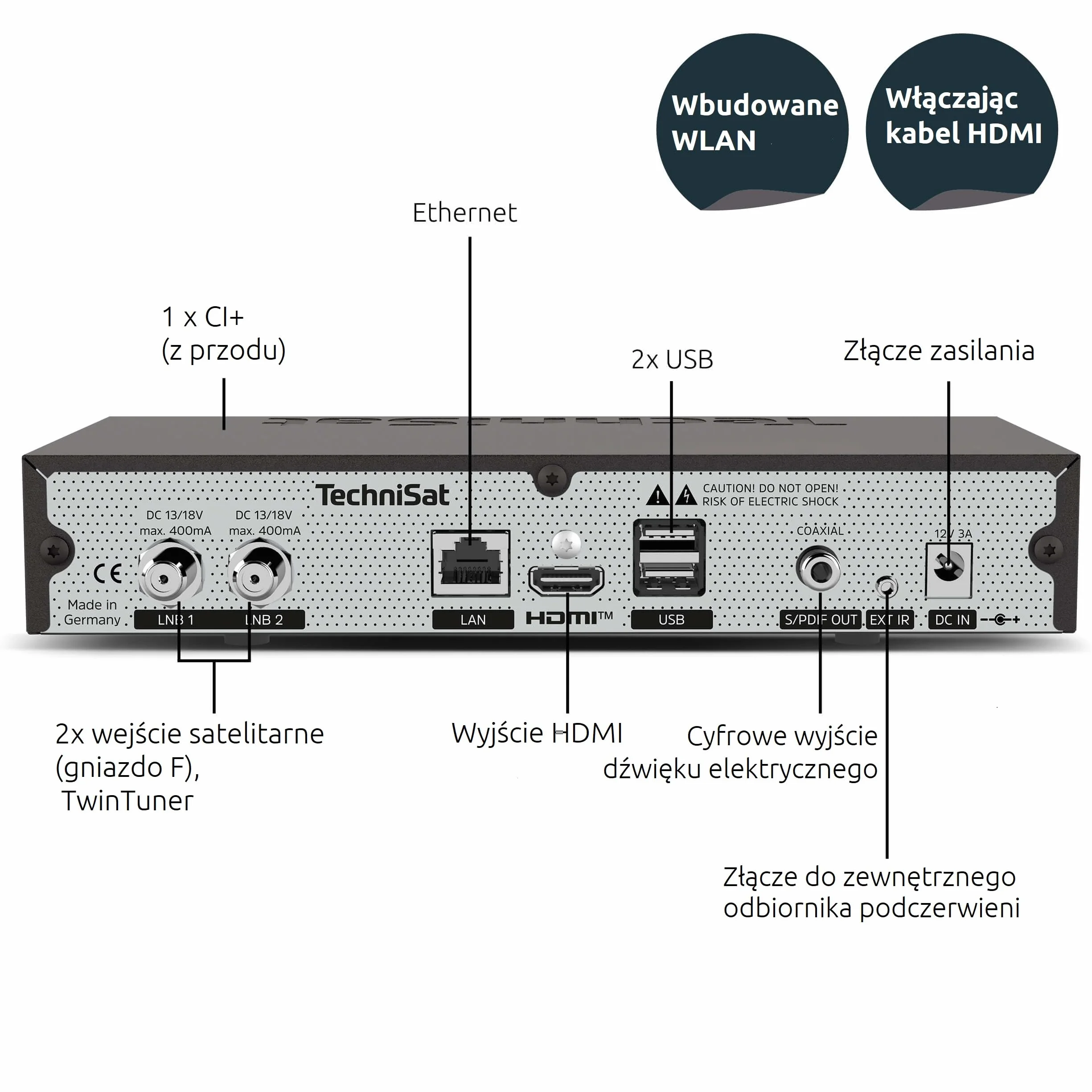 TechniSat DIGIPLUS UHD S2-4K Sat Odbiornik z alfanumerycznym wyświetlaczem i Twin Tunerem (DVB-S/DVB-S2, HEVC, H.265, sterowanie aplikacją, funkcja nagrywania PVR, WLAN, LAN, CI+, USB, OLED) czarny