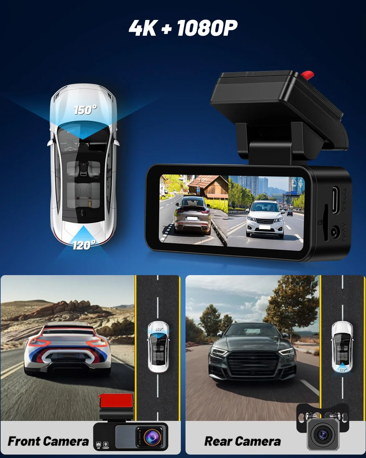 NHOPEEW Podwójna kamera na deskę rozdzielczą 4K z Wi-Fi i GPS, 3,16-calowa kamera samochodowa IPS z przodu 4K + tył 1080p, widoczność w nocy, nagrywanie w pętli, czujnik G, 24-godzinny tryb parkowania