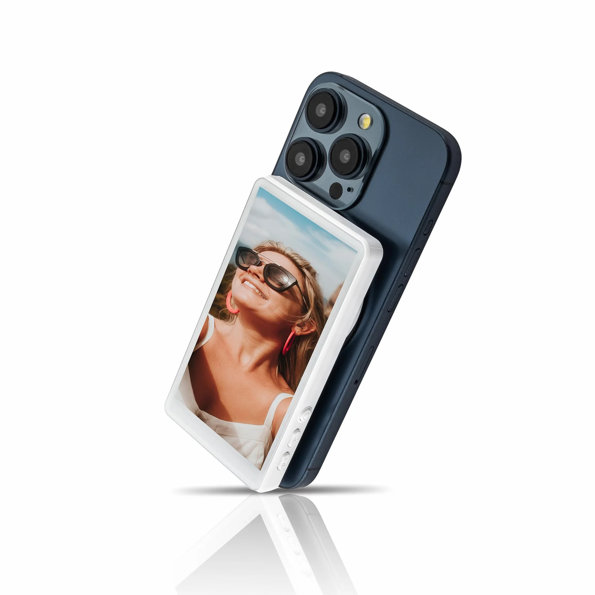 MOJOGEAR VS2 monitor do selfie vlogów kompatybilny z iPhone i Android - biały - bezprzewodowy zewnętrzny monitor 4,02 cala do aparatu głównego, magnetyczny z Mag Safe - w zestawie pilot zdalnego