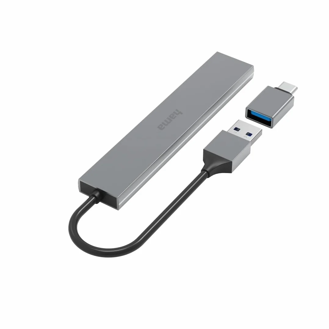 Hama hub USB A (4x USB-A, adapter USB C, USB 3.2, PD, power delivery, 5 Gbit/s, 100 W, ultra slim, stacja portów, rozdzielacz, multiport) antracyt