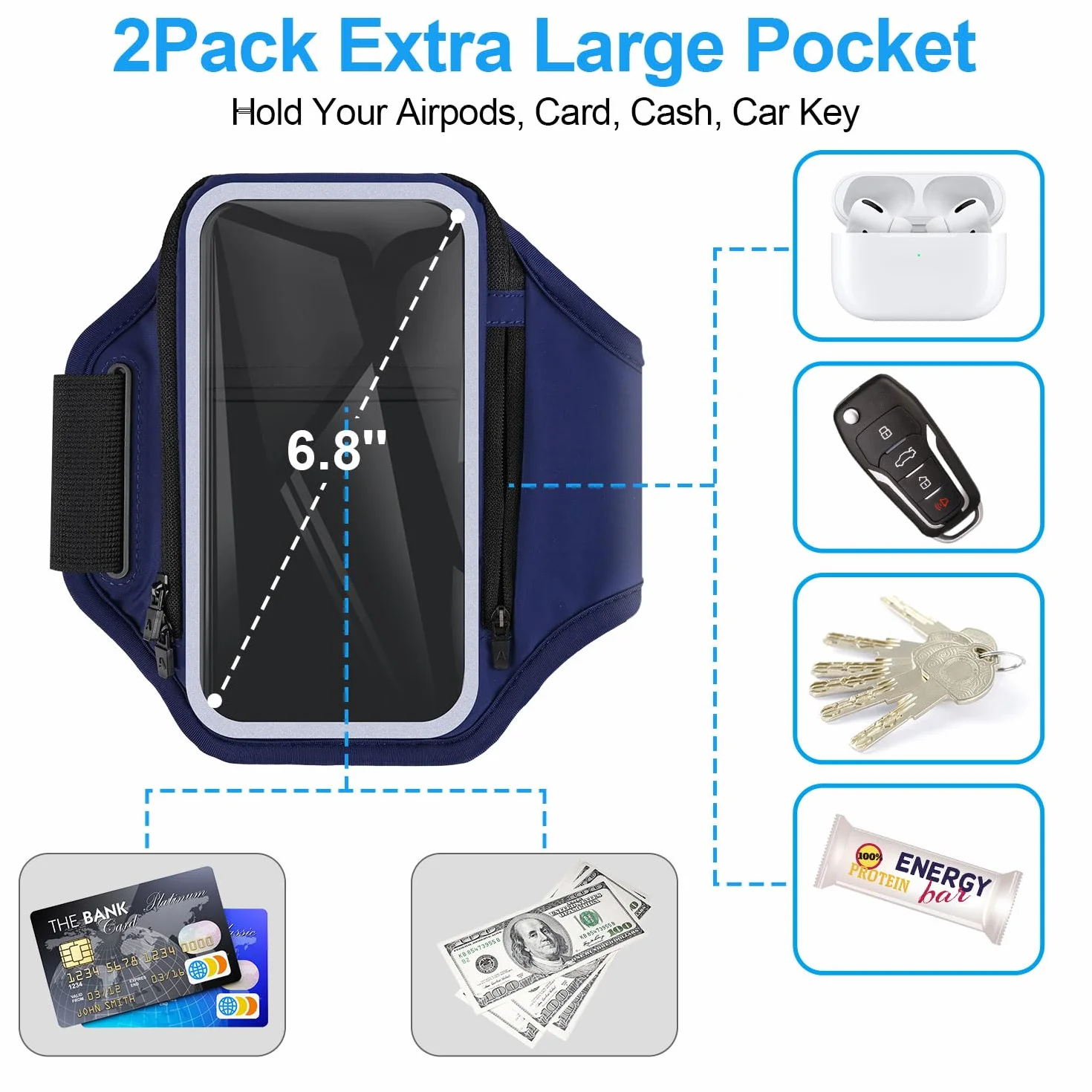 Sportowa bransoletka na telefon komórkowy, poręczna torba na słuchawki, 6,9 cala, etui na ramię do iPhone 16 15 14 13 12 Pro Max Galaxy S20-S24 z kieszenią na klucze na słuchawki do joggingu