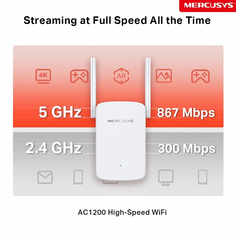 Mercusys ME30 | Wzmacniacz Zasięgu Wi-Fi AC1200 Dual Band | 867 Mb/s (5 GHz) + 300 Mb/s (2,4 GHz) | Adaptacyjny Wybór Ścieżki | WPS | Port Ethernet | Tryb Punktu Dostępowego