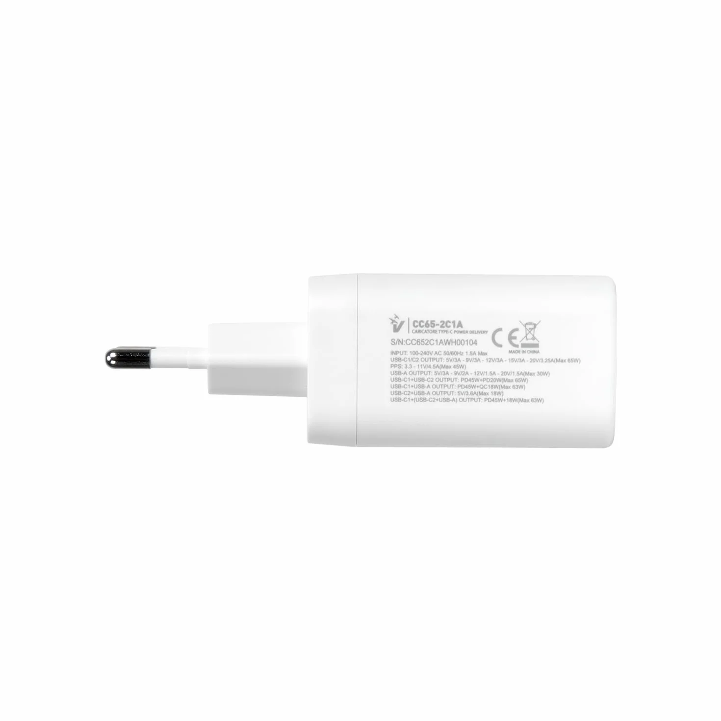 VulTech CC65-2C1A Uniwersalna ładowarka do notebooków Smartphone Tablet 65W GaN USB + 2 x Type-C/USB-C PD3.0 QC3.0 PPS biały - kompaktowy rozmiar