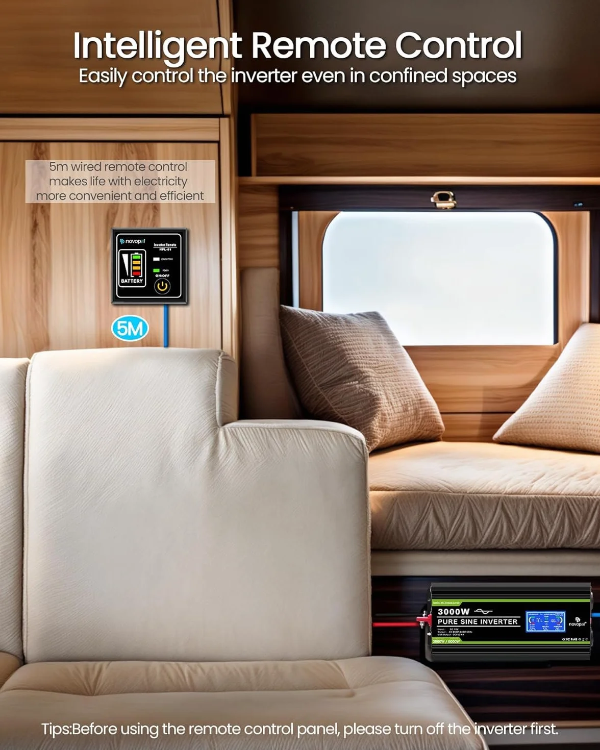 NOVOPAL Falownik samochodowy 3000 W, przetwornica napięcia 12 V, 230 V, czysty sinus z wyświetlaczem LCD i złączem USB + gniazda 2 AC + pilot zdalnego sterowania
