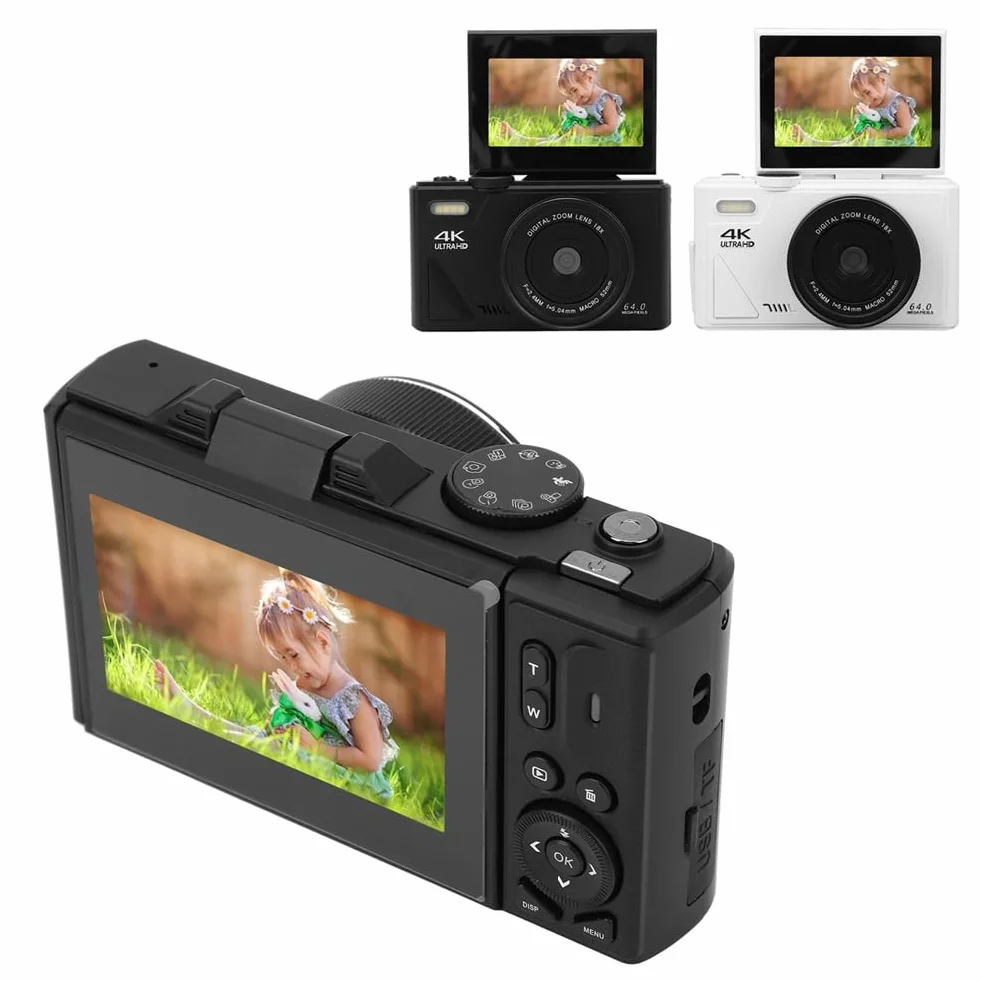 Malloy Aparat cyfrowy w stylu retro 64 MP, stabilizacja, funkcja pauzy wideo, 3-calowy ekran IPS, aparat cyfrowy do vlogowania, biały