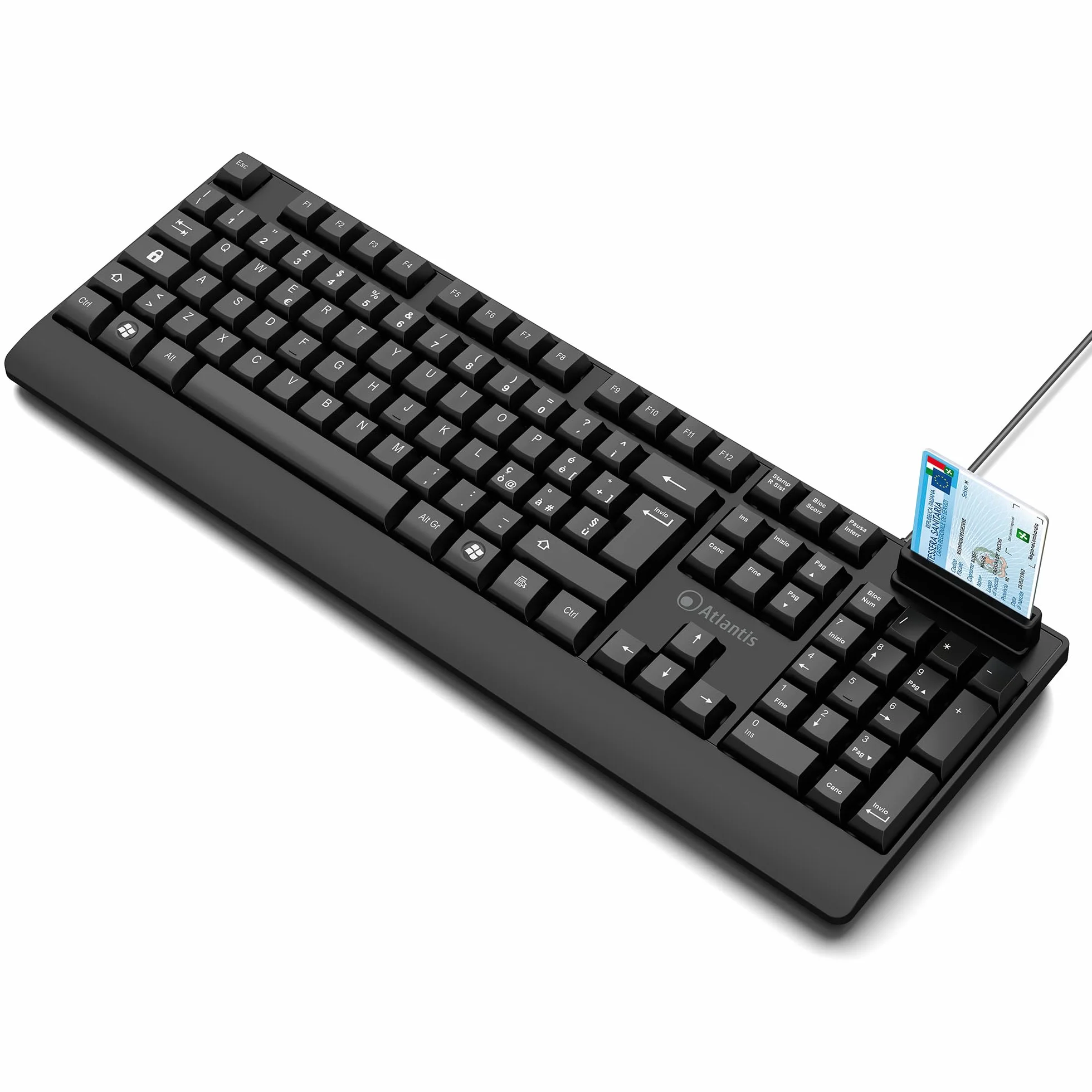 Atlantis Klawiatura z wbudowanym czytnikiem kart SmartCard, włoska QWERTY, odczyt CNS, CRS, karta zdrowia, podpis cyfrowy, złącze USB, kabel 1,5 m - czarny