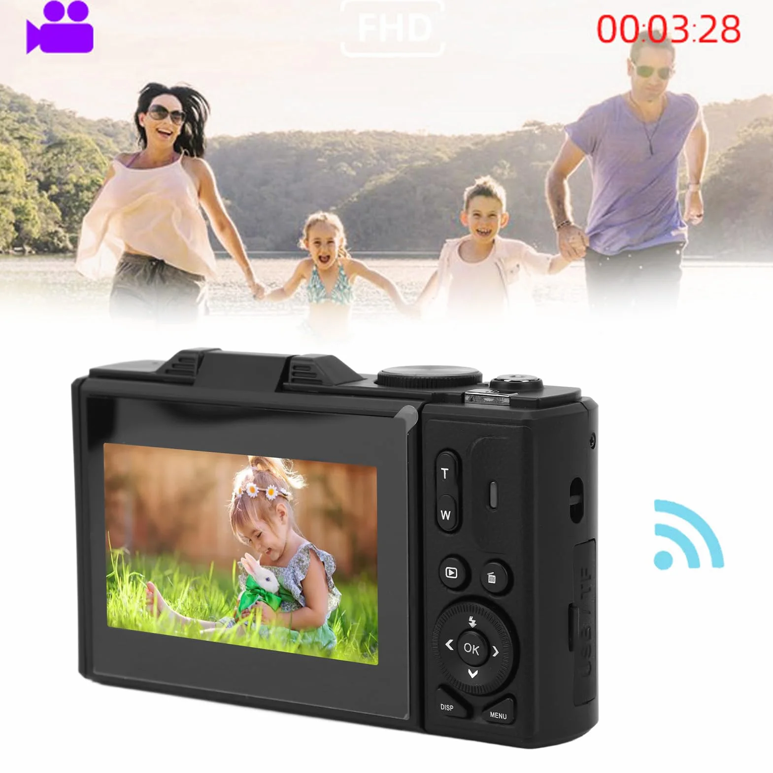 Aparat Cyfrowy 4K, Aparat Cyfrowy UHD 64 MP z Autofokusem, Kompaktowy Aparat Retro z 18-krotnym Zoomem i 3-calowym Odchylanym Ekranem do Fotografowania Vlogów (-2214240057912)