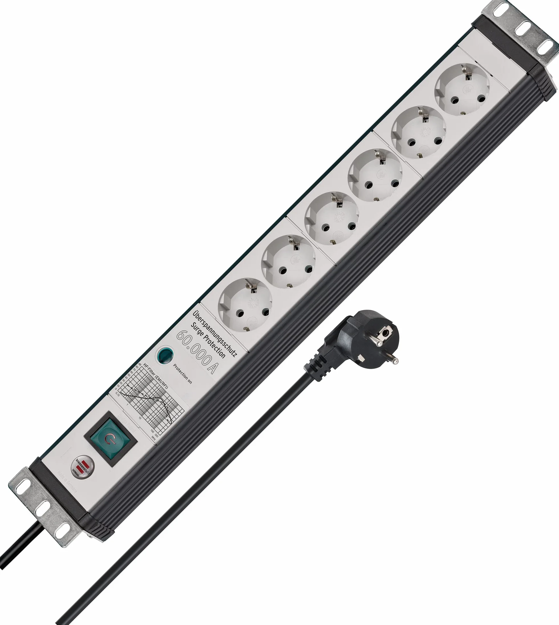 Brennenstuhl Premium-Line 6-drożna listwa zasilająca z ochroną przeciwprzepięciową 60 000 A (format 19 cali, kabel 3 m, z przełącznikiem, wyprodukowana w Niemczech), czarna/szara