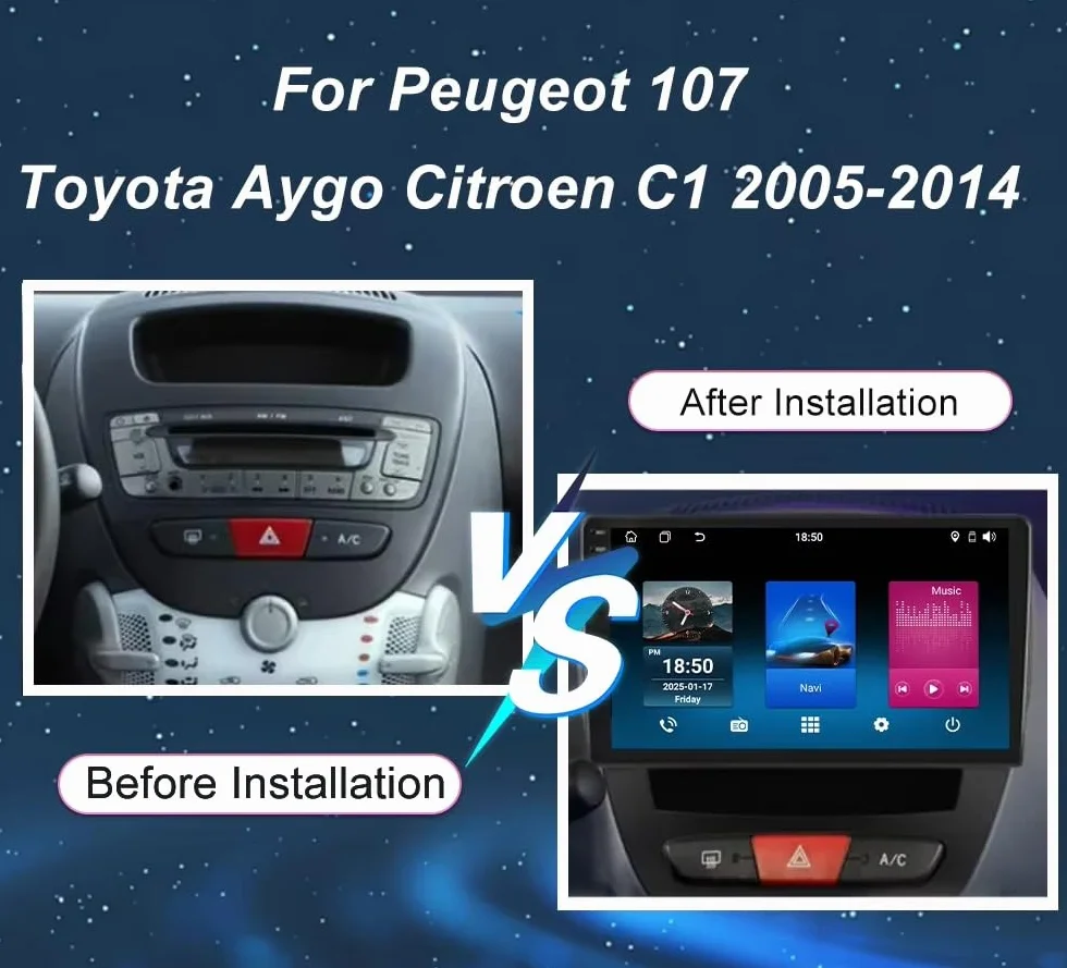 Radio samochodowe Android 15 2 DIN z 10-calowym ekranem dotykowym do Toyoty Aygo 2005-2014 z kamerą cofania/Carplay/BT/FM/GPS/USB/WIFI/sterowaniem z kierownicy/audio samochodowe (EP40 4+32G)