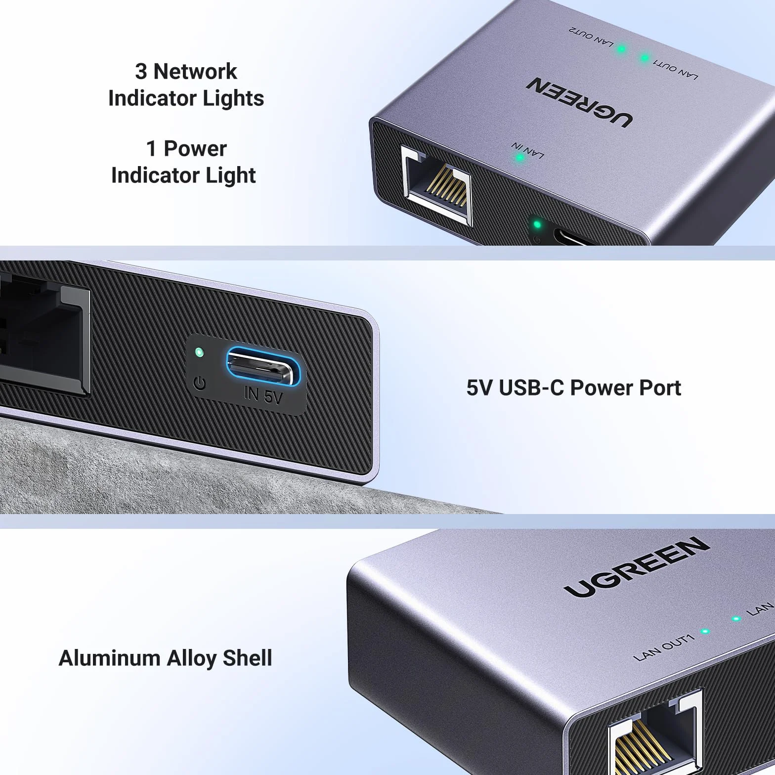UGREEN Rozdzielacz LAN 1 do 2 Rozdzielacz Ethernet 1000 Mb/s Przełącznik LAN 2 porty z kablem zasilającym typu C Przełącznik Gigabit Ethernet do przełącznika koncentratora PC Router TV