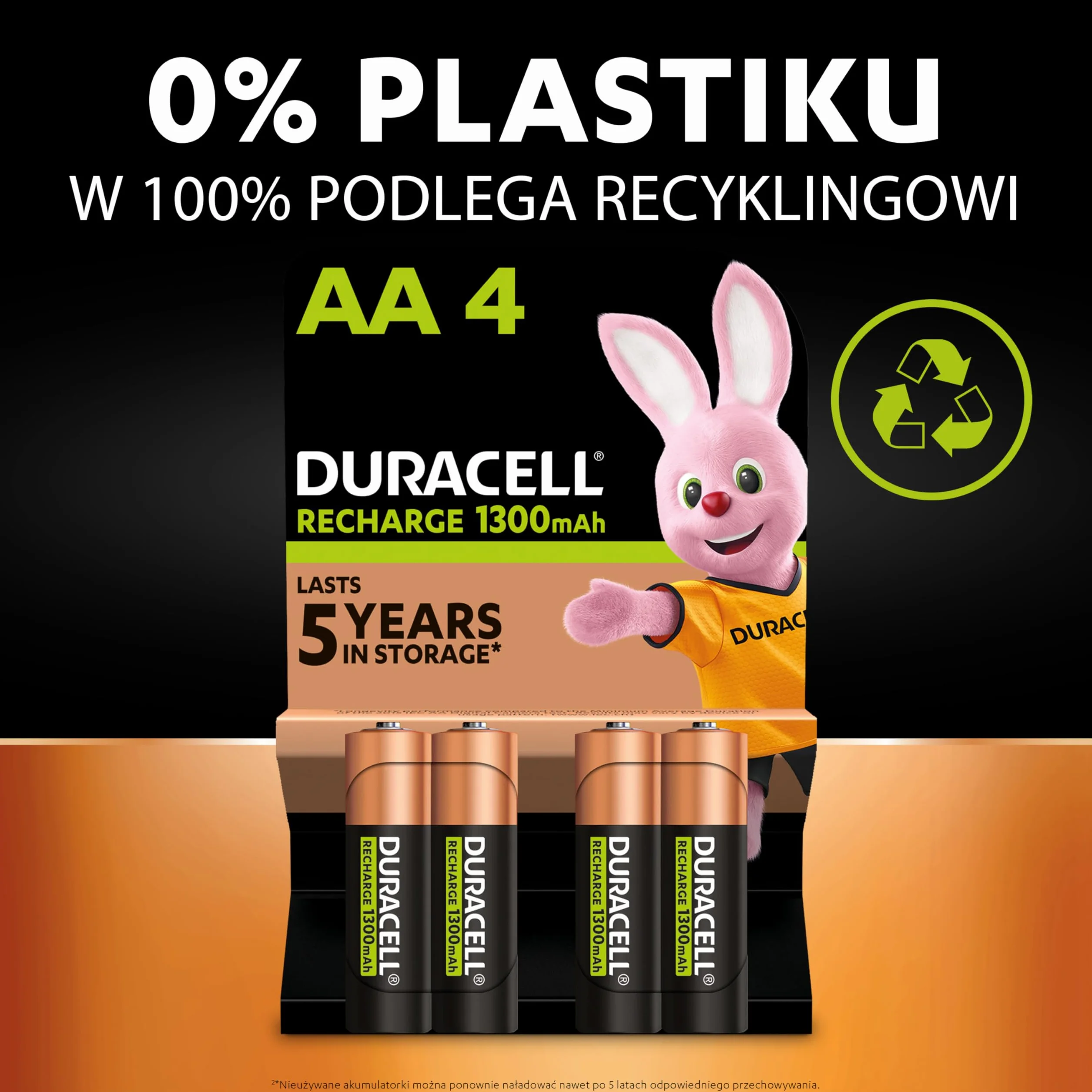 Duracell Akumulatorki Rechargeable, 4 szt., AA 2500 mAh NiMH, Fabrycznie naładowane, Nasze działające najdłużej akumulatorki z opakowaniem w 100% nadającym się do recyklingu, nie zawiera plastiku