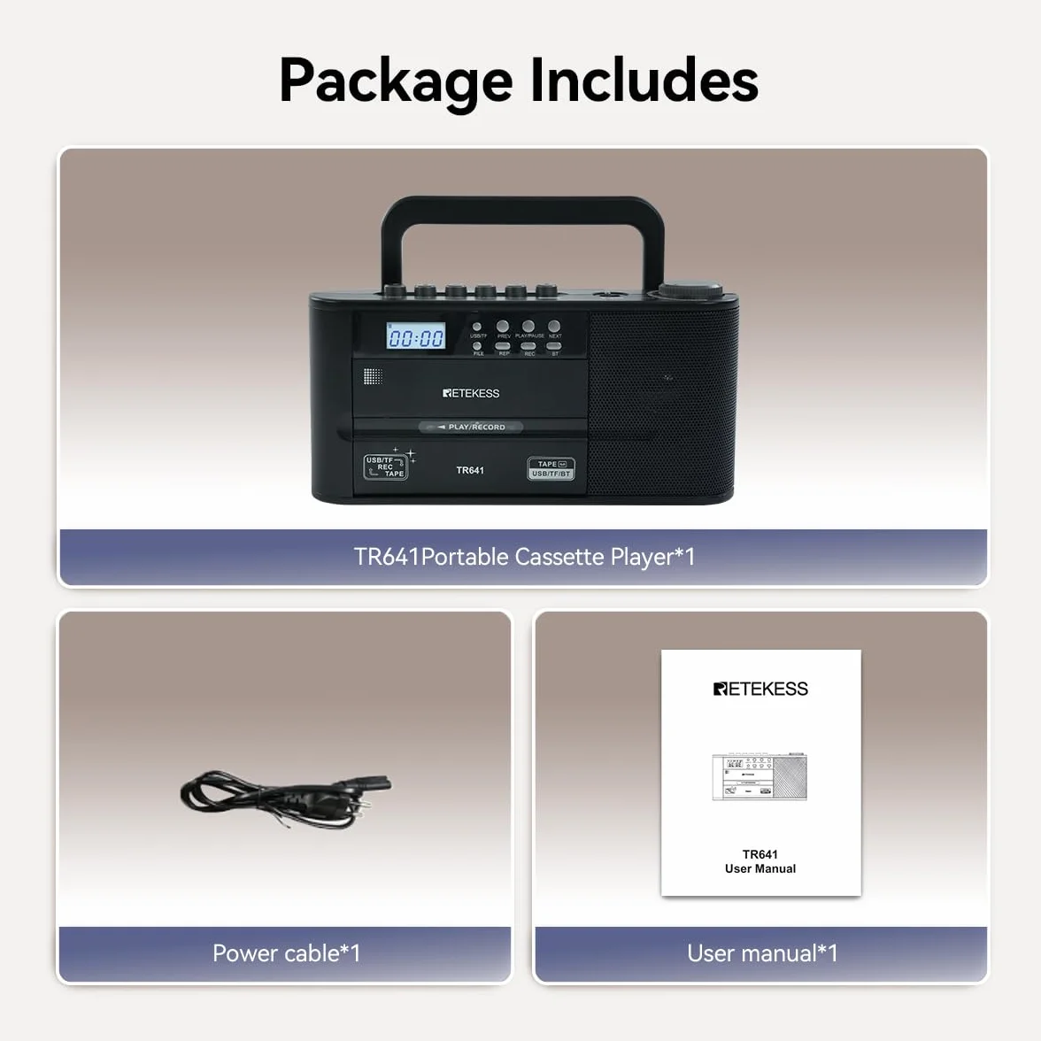 Retekess TR641 Przenośne Radio,Taśmowe Odtwarzacz,FM AM,Karta USB/TF,Połączenie Bezprzewodowe,Operacja Baterii lub Zasilanie Prądu Przemiennego,Używane do Odtwarzania Starej Taśmy