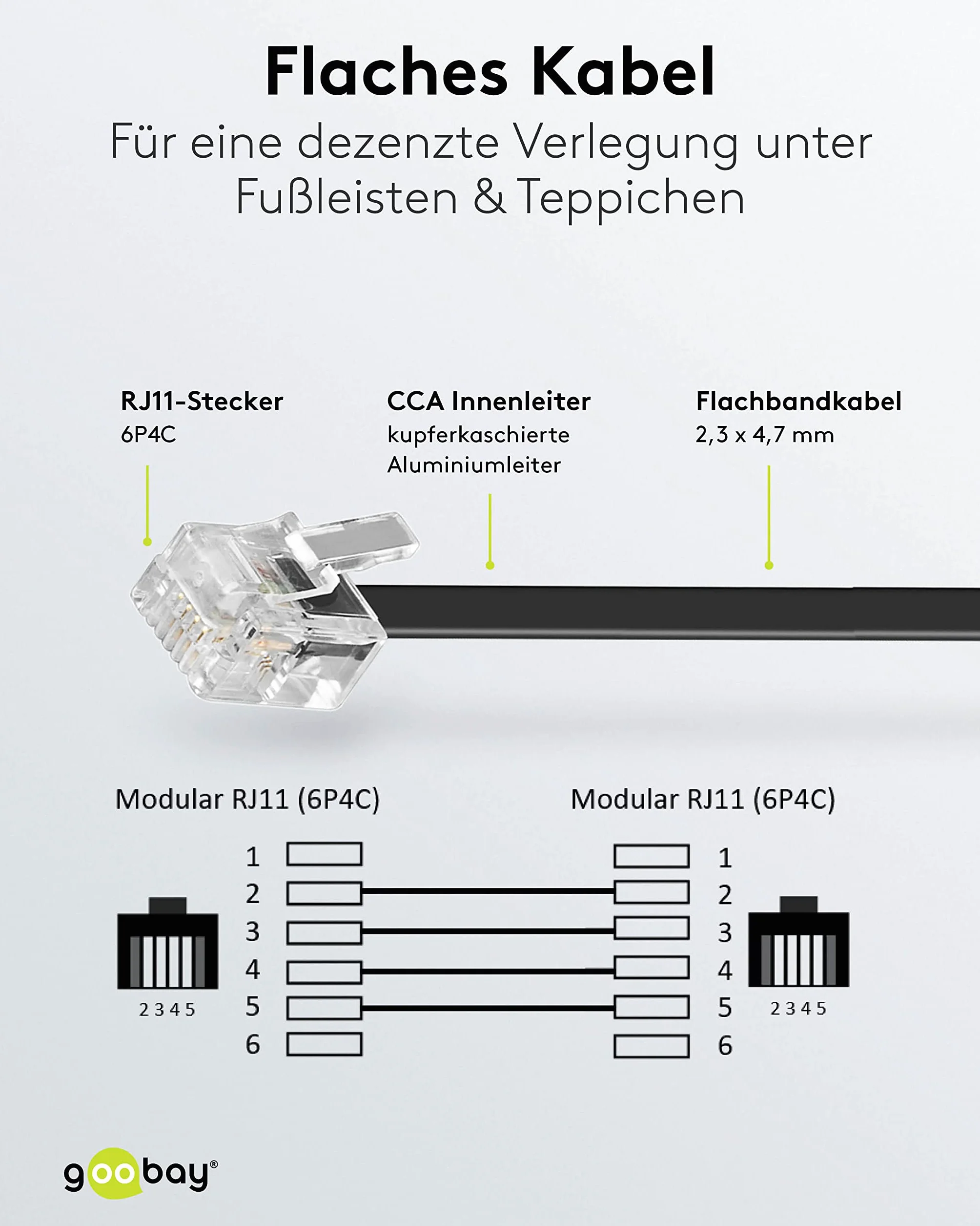 Goobay 50317 Kabel Przyłączeniowy Modułowy wtyk RJ11/RJ14 (6P4C) na wtyk RJ11/RJ14 (6P4C), 3 m Czarny