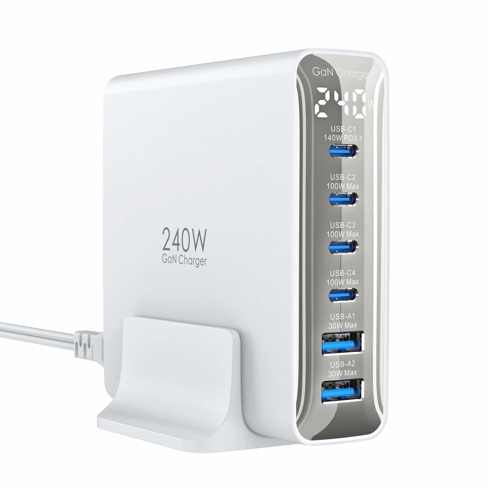 Ładowarka USB C 240W, 6 portów, Ładowarka PD3.1 GaN z wyświetlaczem LED, Stacja Szybkiego Ładowania na Biurko do MacBook Pro/Air, do iPhone Pro/iPad Pro/Dell XPS/Galaxy/laptopów i innych, Biały