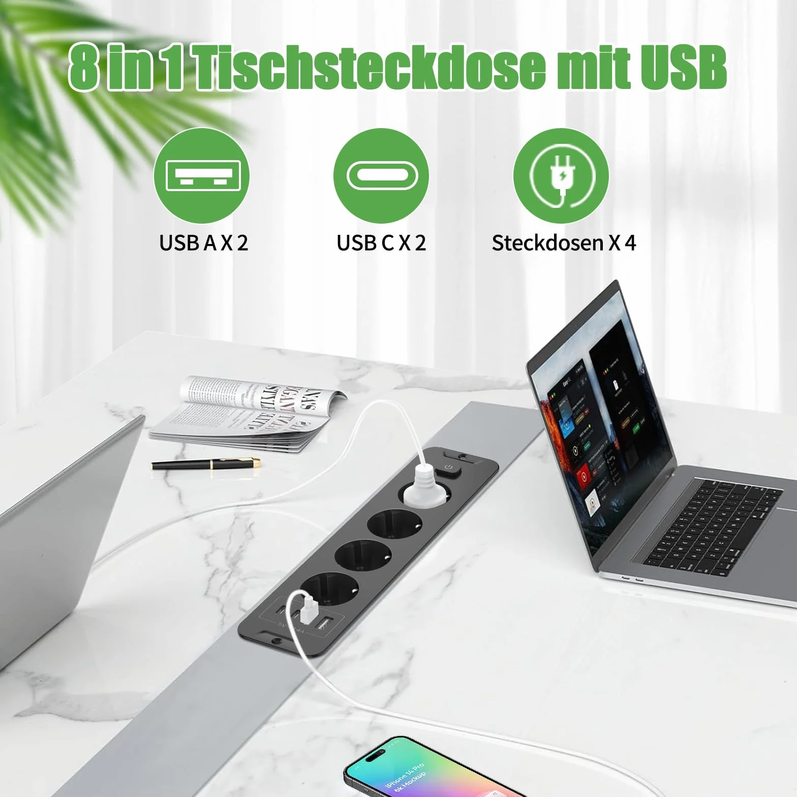 Listwa zasilająca z 4 gniazdami wtykowymi do zabudowy, z 4 gniazdami USB, gniazdko stołowe z 2 USB C, blat stołu, wpuszczane gniazdko elektryczne, kabel 3 m, kolor czarny