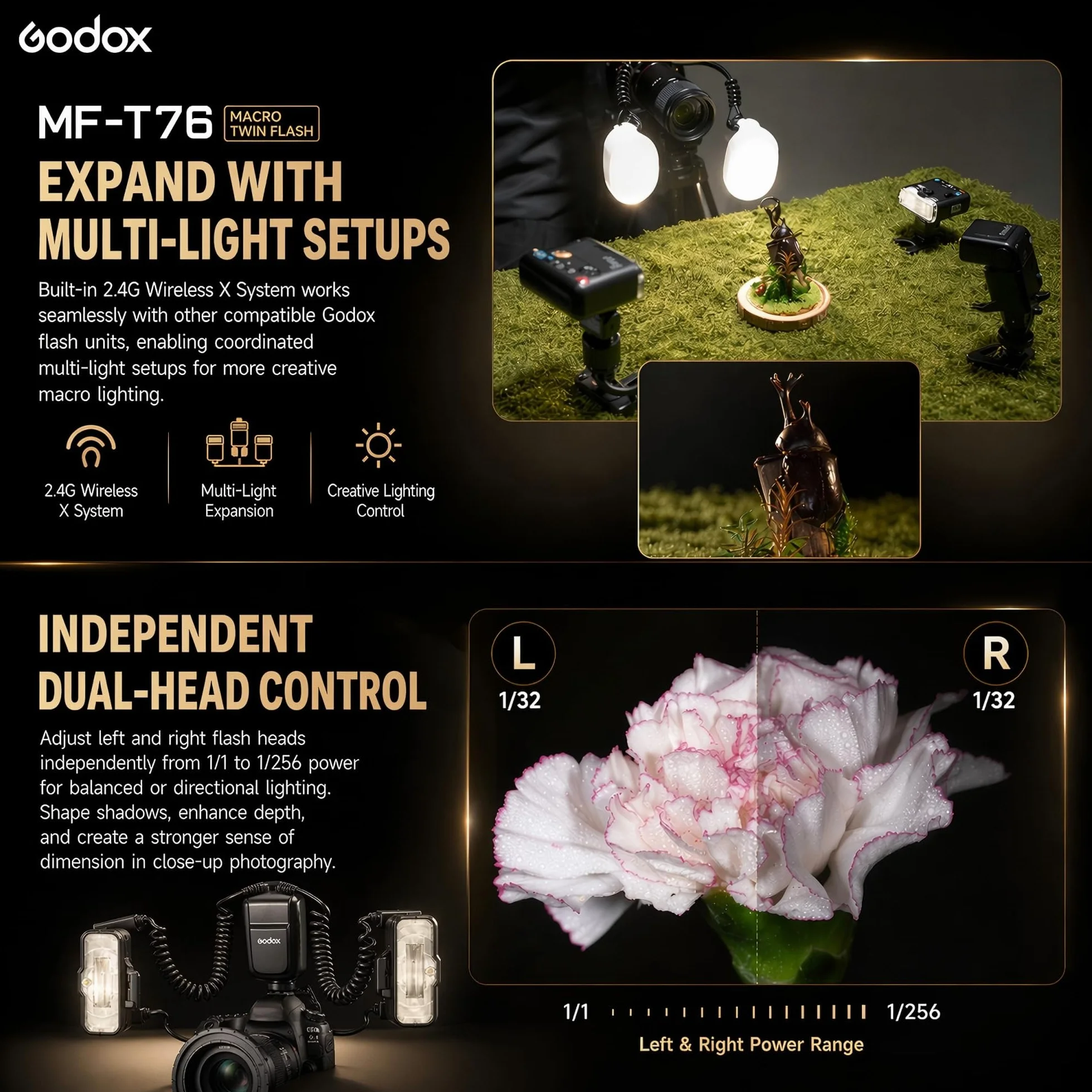 Godox MF-T76N TTL makro podwójna lampa błyskowa do Nikon, 76 W GN22,4 Twin Flash z regulowanymi podwójnymi głowicami, recykling 1,2 s, HSS, do fotografii makro, biżuterii, owadów i fotografii
