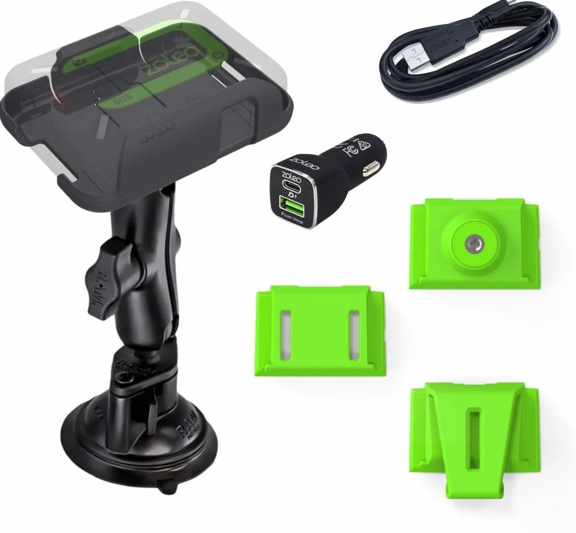 ZOLEO Uniwersalny zestaw akcesoriów montażowych, w tym RAM uchwyt na przyssawkę Twist-Lock, ładowarka samochodowa DC z kablem USB i 3 wkładkami - klips do paska, złącze do paska i uchwyt na statyw do aparatu