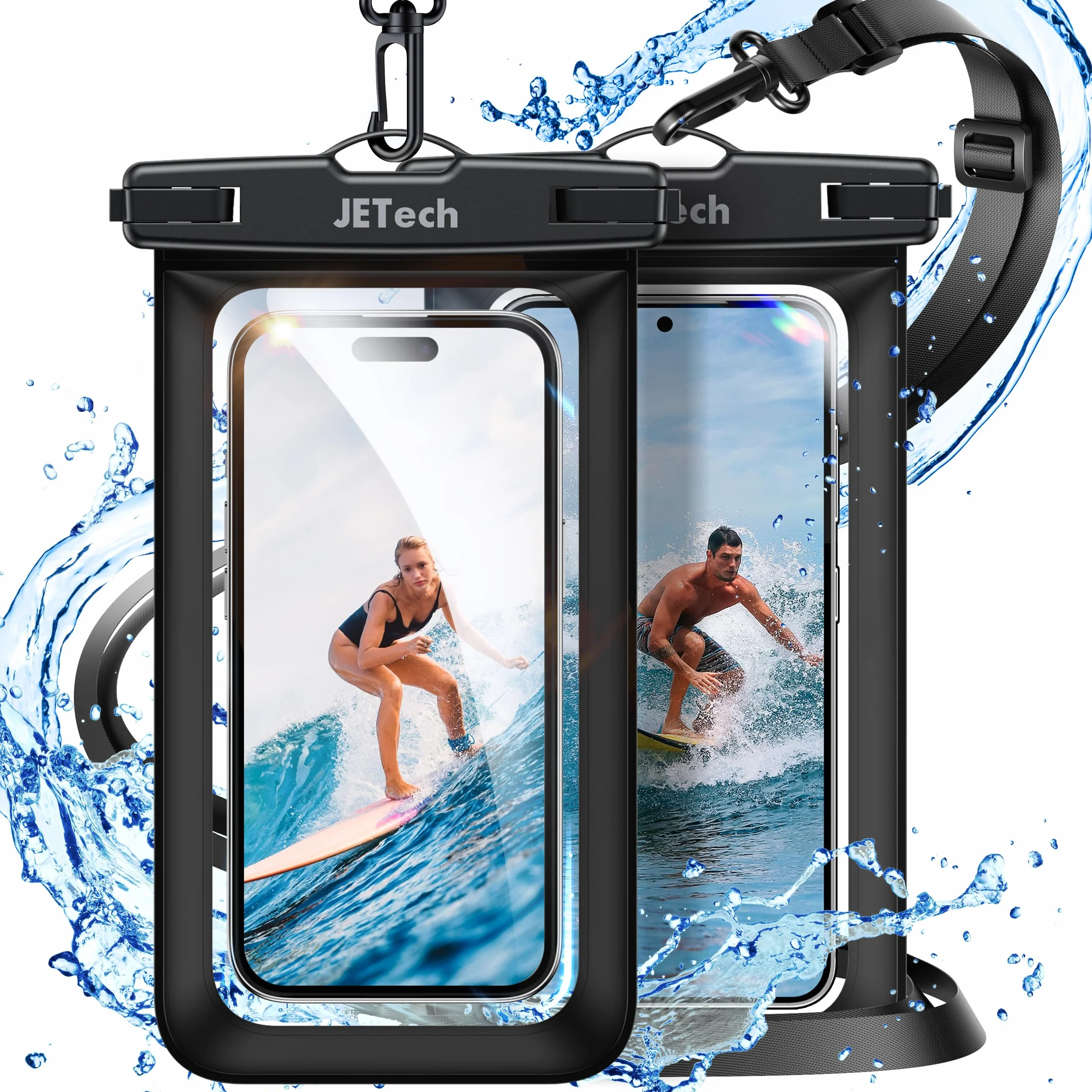 JETech Wodoodporne Sakiewka Telefonu, 2 Sztuki Woda Dowód Etui na iPhone 17e 17 16e 16 15 14 13 Seria, Galaxy S26 S25 Ultra, Pixel 10 Seria i Inne dla 7,2 Cala, Sucha Torba IPX8 (Czarny+Czarny)