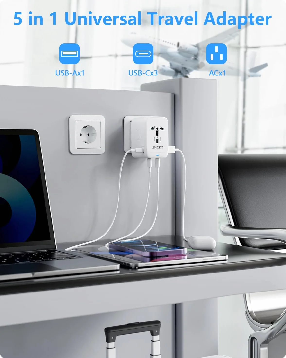 LENCENT GaN III 65 W Uniwersalny Adapter Podróżny | z 1 Gniazdem USB-A i 3 USB-C PD, Adapter do Gniazda Wtykowego Typu A/C/G/I (USA/UK/EU/AUS), Biały