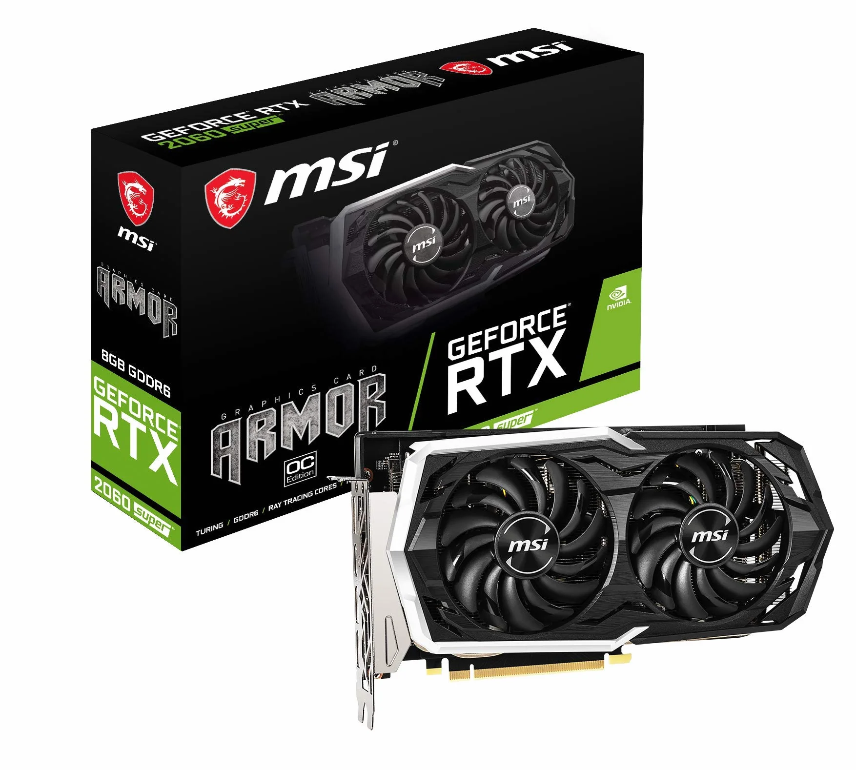 MSI NVIDIA GEFORCE RTX 2060 SUPER ARMOR OC karta graficzna '8 GB GDDR6, 1680 MHz, mistyczne światło RGB, 3 x DisplayPort, HDMI, system chłodzenia Dual Fan System'