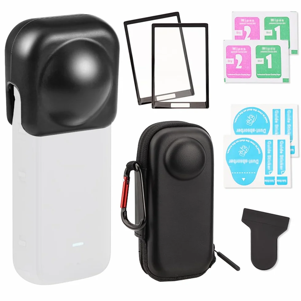 WALLFID Nadaje się do akcesoriów Insta360 X4 Zestaw 4 sztuk, Torba do przechowywania, Silikonowa osłona obiektywu i 2 ochraniacze ekranu, mała twarda obudowa z karabińczykiem, Czarny (Black)