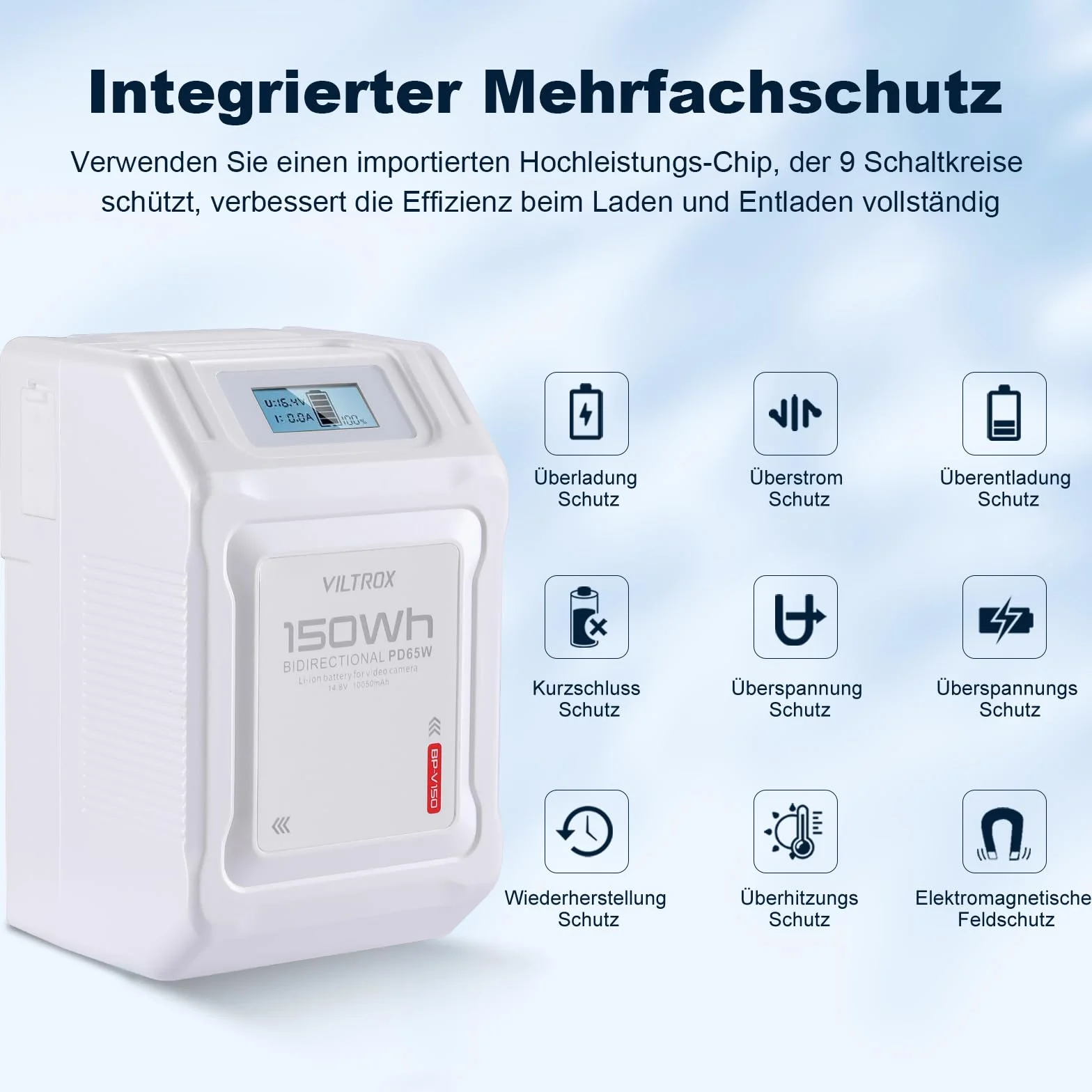 VILTROX BP-V99 V Mount Battery 6700mAh Mini V Lock 99Wh/14.8V z wyświetlaczem LCD, podwójnym wyjściem D-Tap i USB, biała Mini V Lock Battery do kamer, aparatów, lamp LED, monitorów
