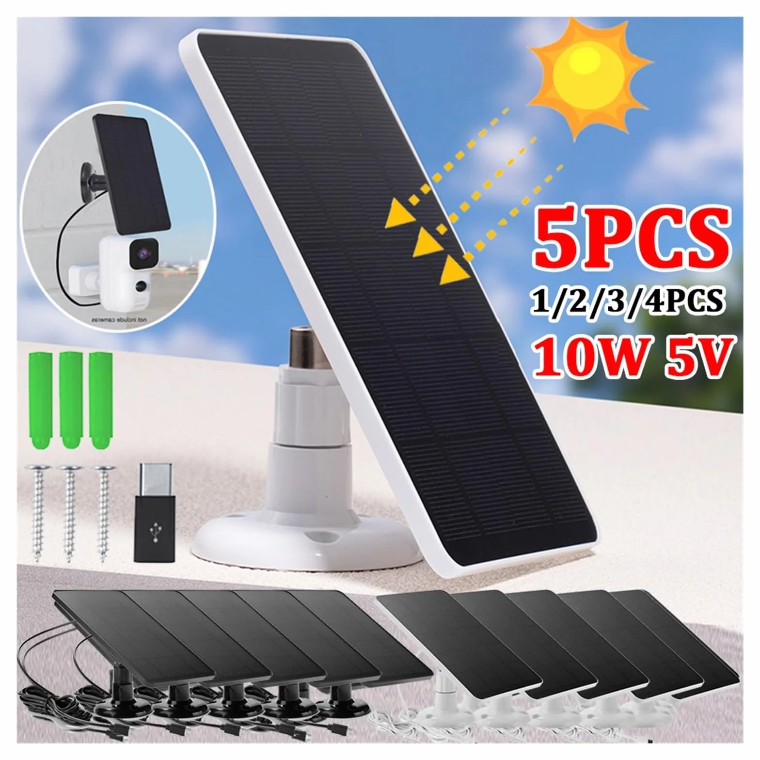 łAdowarka Z Panelem SłOnecznym 1 szt. 10W 5V ładowarka do ogniw słonecznych USB + type-c 2w1 ładowanie przenośne panele słoneczne do kamery bezpieczeństwa System oświetlenia domowego(Black 5pcs)