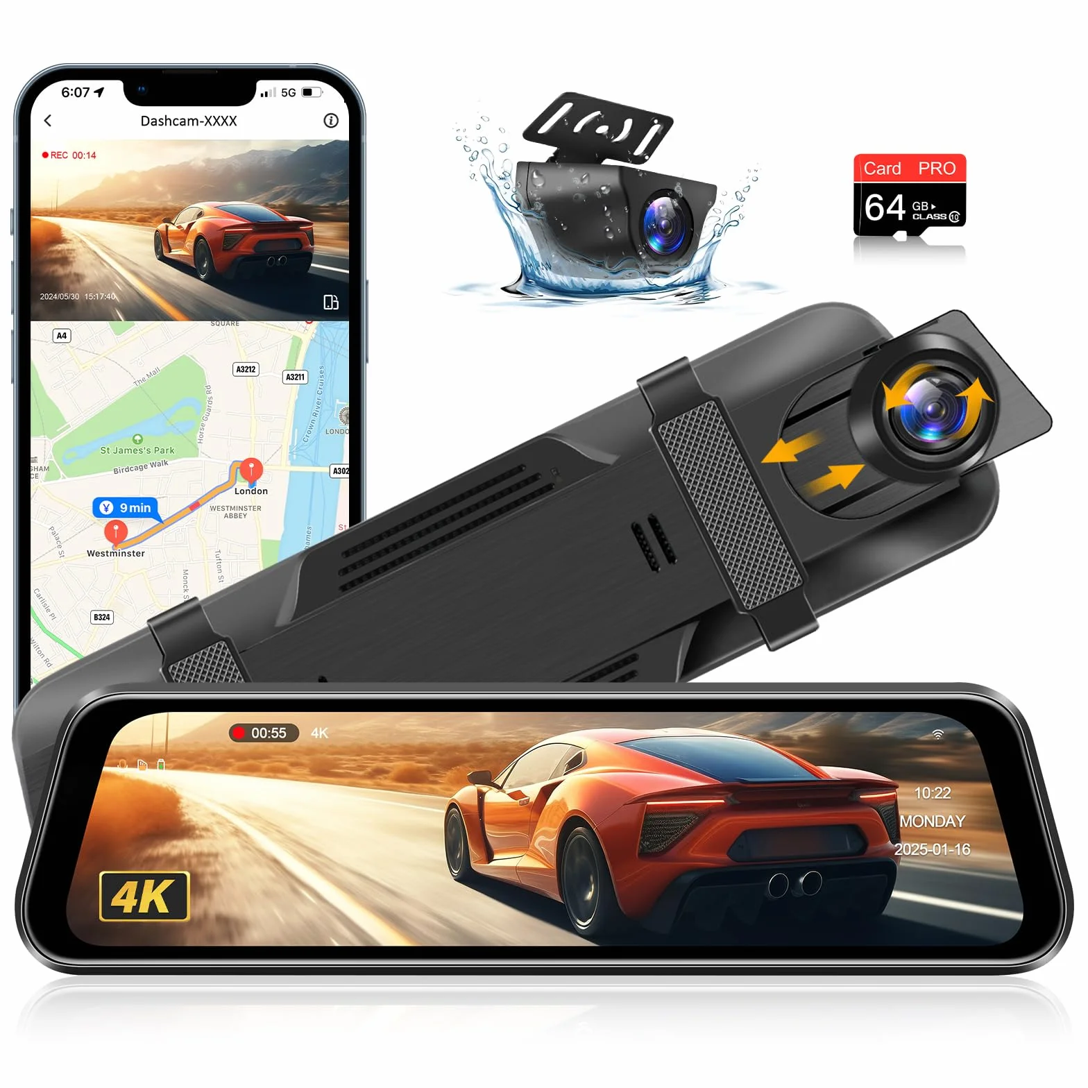 Vtopek Dashcam 4K 10" Kamera na deskę rozdzielczą z kamerą cofania Szeroki kąt 170° Dashcam Samochód Przód Tył z kartą SD 64G Lustrzana kamera samochodowa z WDR Nocna wizja Czujnik G Monitor Parku