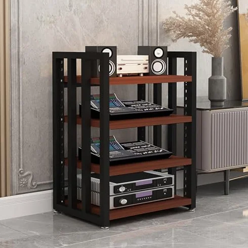 4-Poziomowa Metalowa Półka Na Sprzęt Audio, Regulowana Szafka Z Płyty Mdf, Organizer Na Sprzęt Audio Do Salonu, Do Gier, Studia Nagrań – Wykończenie Z Białego Drewna, Czarny Tek, 4-Poziomowa