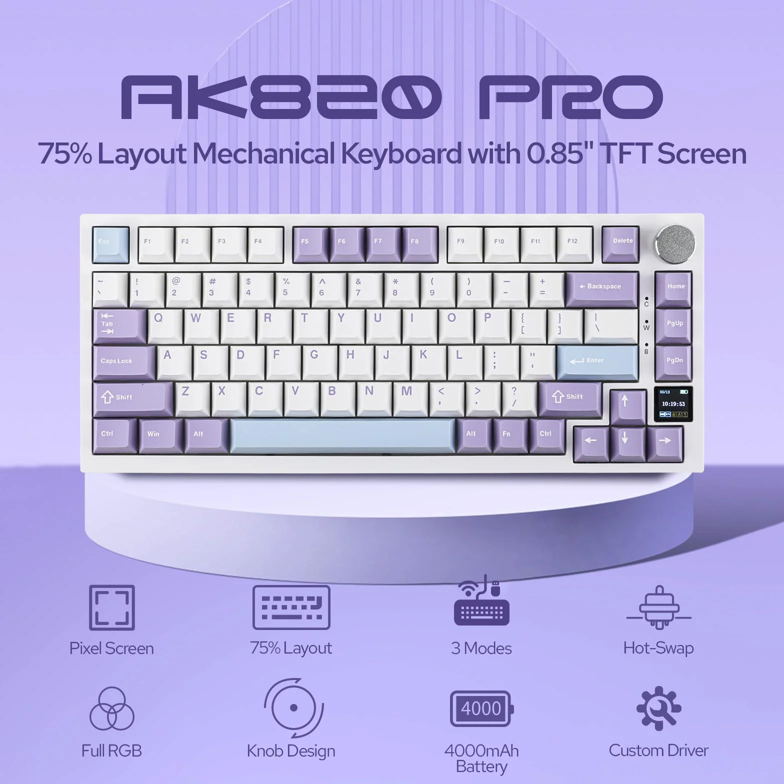 EPOMAKER Ajazz AK820 Pro 75% klawiatura mechaniczna, uszczelka montowana klawiatura do gier z inteligentnym wyświetlaczem TFT, Bluetooth 5.1/2,4 G bezprzewodowa / klawiatura typu C (biało-fioletowa,