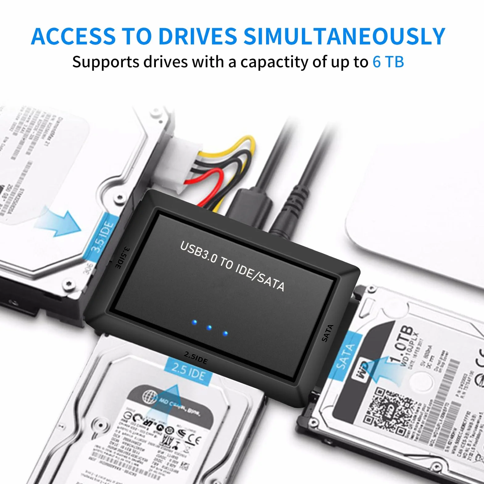 Adapter IDE na USB 3.0, adapter dysku twardego USB C na SATA/IDE do dysku twardego 2,5/3,5 cala, z zasilaczem, konwerter USB na SATA IDE do laptopa/komputera PC do odzyskiwania i przesyłania
