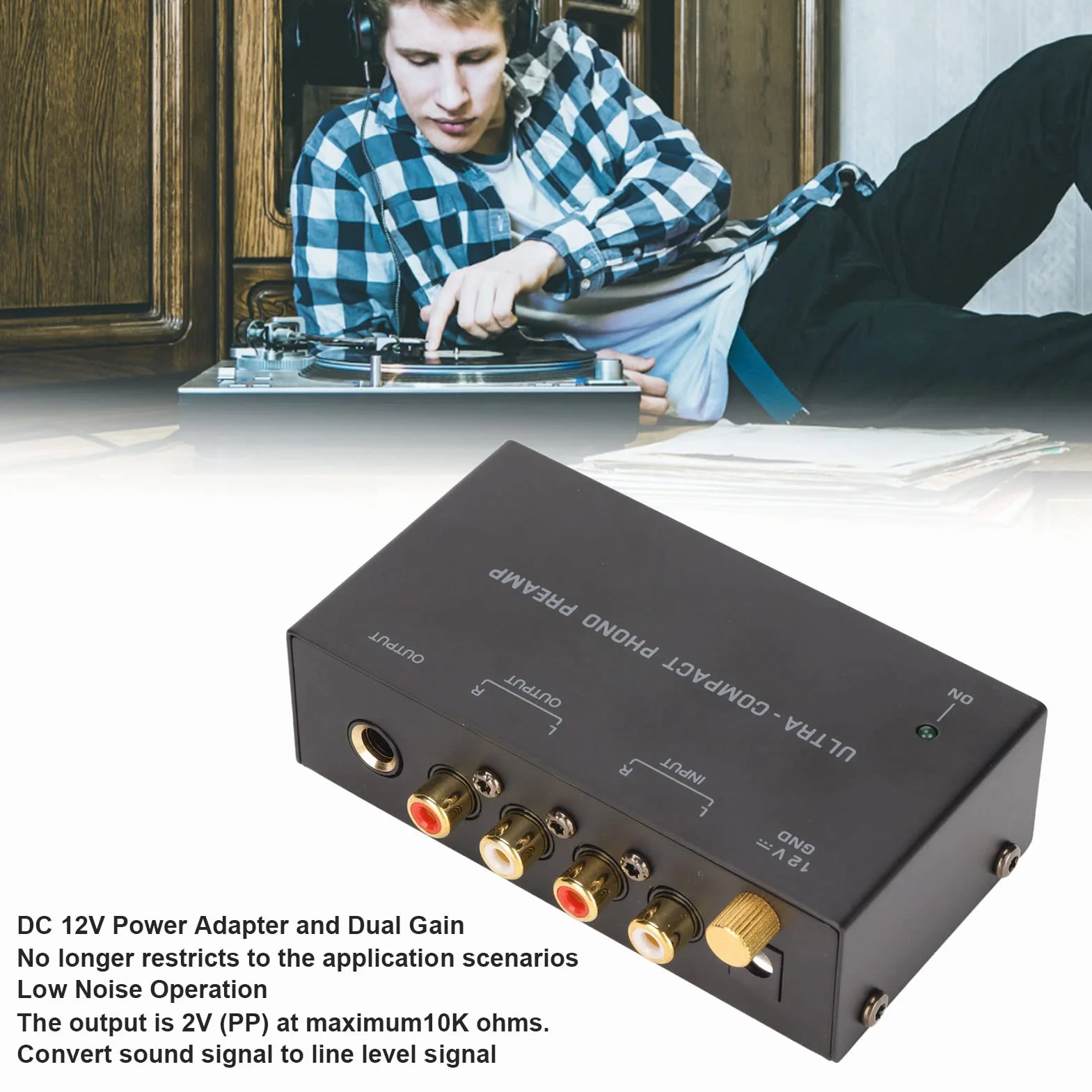 Phono przedwzmacniacz do gramofonu, PP400 Phono wzmacniacz do gramofonu z niezależnym sterowaniem przyciskiem Phono Preamp, wejście i wyjście audio stereo (wtyczka EU)