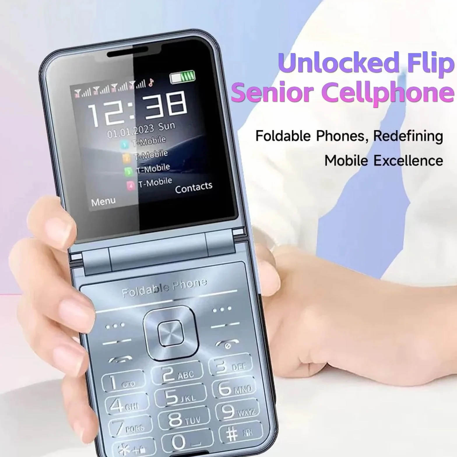 Telefon komórkowy dla seniorów z klapką, konstrukcja z klapką, podwójny ekran, duże przyciski, szybkie wybieranie, czysty dźwięk, kamera HD, latarka LED (niebieska)