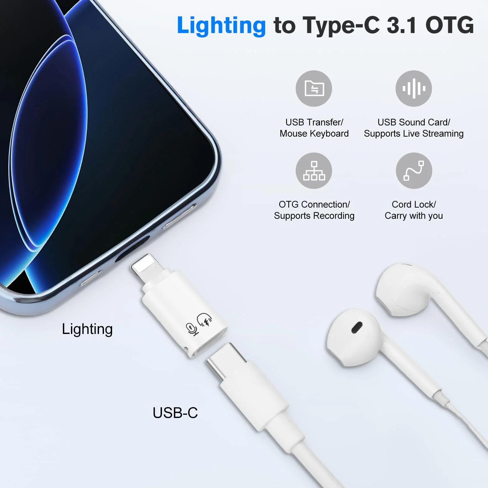 Adapter USB-C 3.1 na Lightning (2 sztuki), Lightning męski na USB C żeński, adapter mikrofonowy do słuchawek, ładowanie, kompatybilny z OTG - biały
