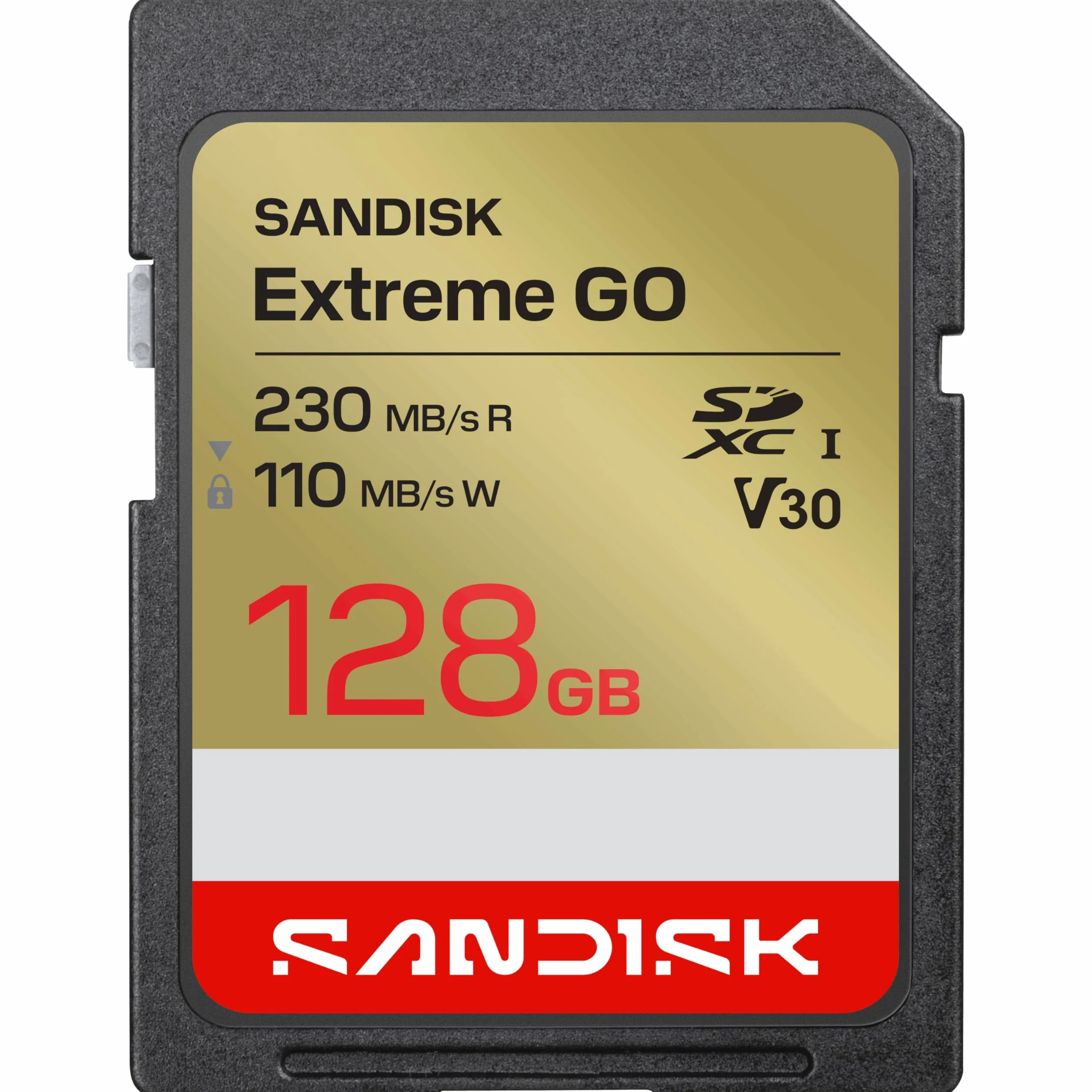 SANDISK Extreme Go SD UHS-I 128 GB, odczyt do 230 MB/s, 110 MB/s zapisu, karta pamięci wideo 4K do lustrzanki cyfrowej i lustrzanki, ograniczona
