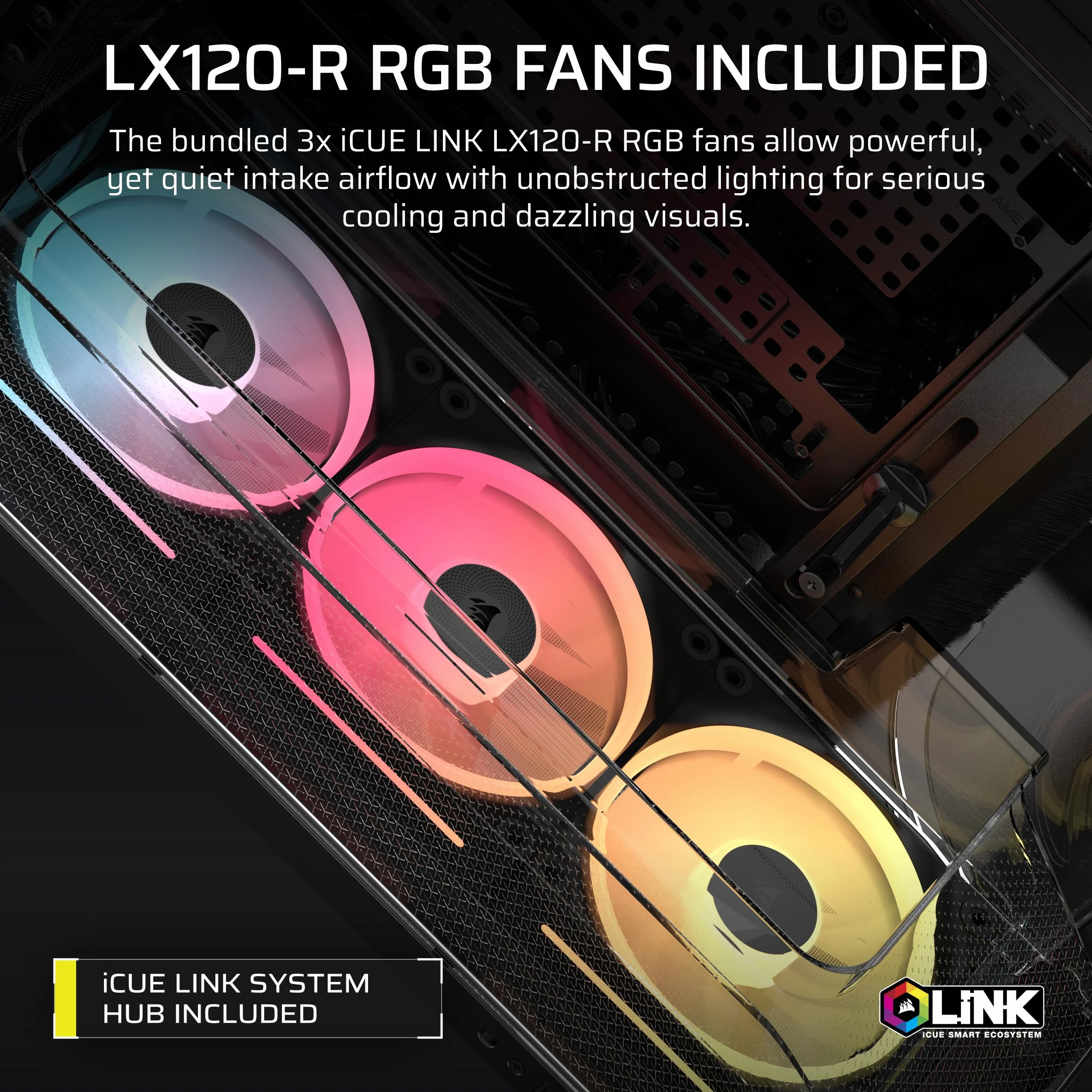 CORSAIR AIR 5400 LX-R RGB iCUE LINK trzykomorowa obudowa Mid-Tower Panoramiczna PC – 3 x wstępnie zainstalowane wentylatory LX-R RGB z odwróconym wirnikiem, niski poziom hałasu, kanały o wysokim