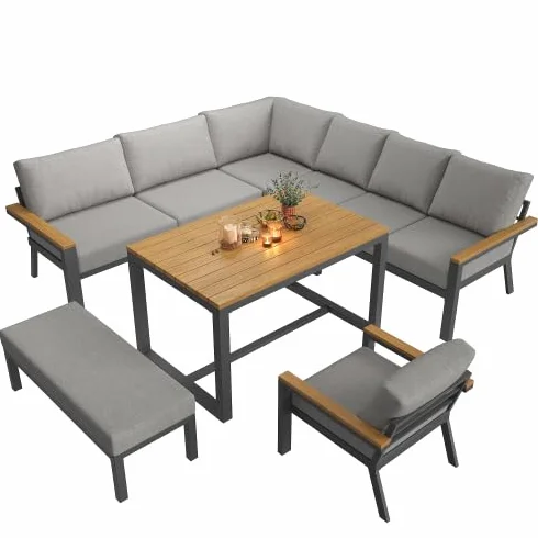 vutizal 8-osobowa modułowa sofa w kształcie litery L z 10 cm tapicerką, zestaw mebli ogrodowych na zewnątrz, meble tarasowe i balkonowe, ławka narożna, ręcznie tkana wiklina i stół WPC, płasko