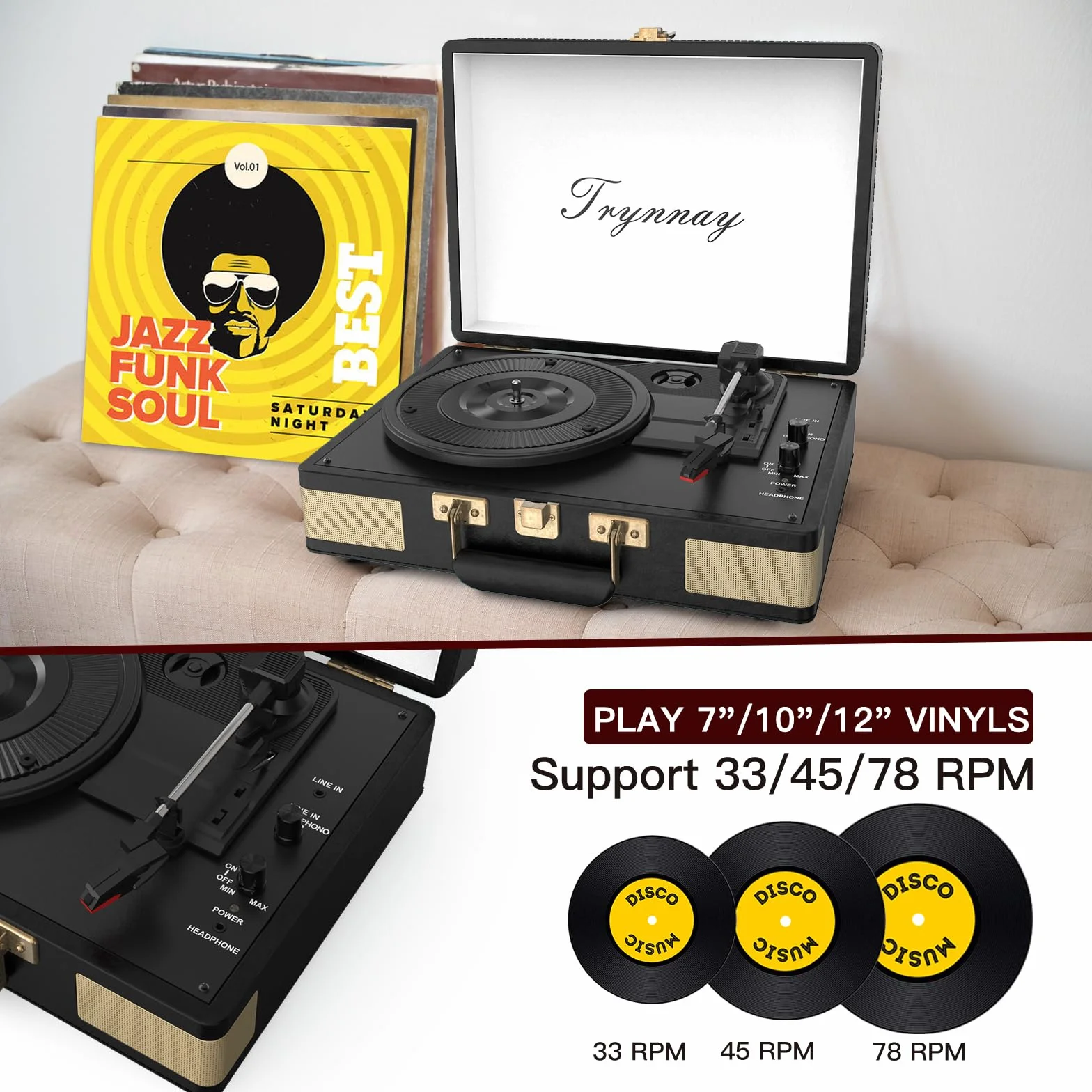Trynnay Gramofon, 3-biegowy Bluetooth, przenośny odtwarzacz winylowy z wbudowanymi głośnikami, gramofon, ulepszony dźwięk audio, skóra PU, czarny vintage