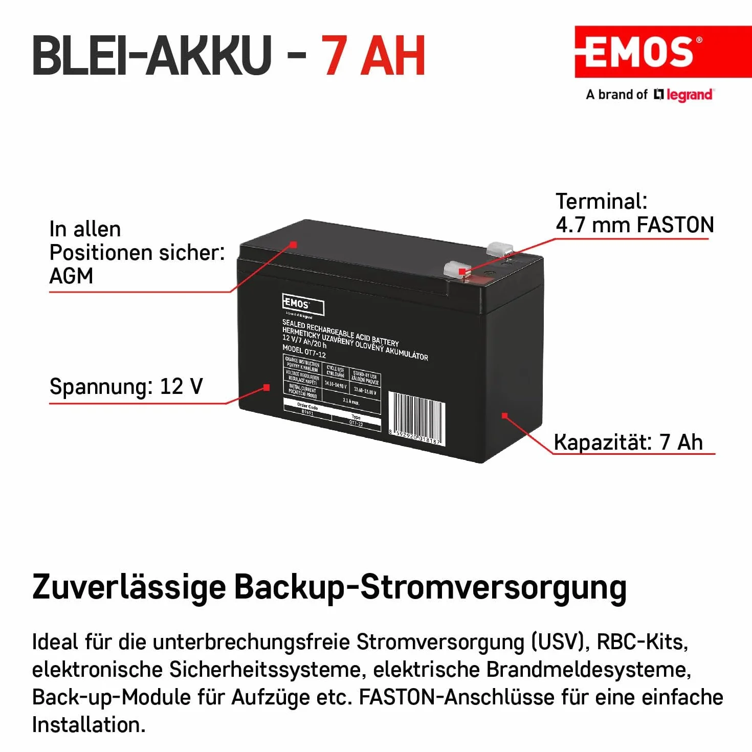 EMOS - Bezobsługowy akumulator ołowiowy – 12 V 7 Ah – akumulator AGM – przyłącze Faston 4,7 mm – do systemów sygnalizacji zagrożenia, technologii sygnalizacji pożaru, systemów alarmowych, USV, wind –