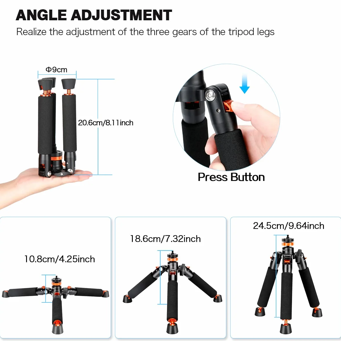 Koolehaoda Aluminiowy monopod do aparatu fotograficznego z metalową podstawą. 6 sekcji 42-177 cm, regulowana średnica nóg Φ28 mm, do 10 kg - czarny