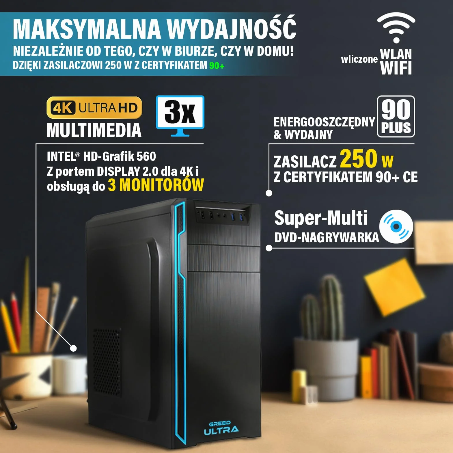 GREED® Intel Core i7 6700 Ultra PC komputer stacjonarny do domu i biura, szybki Desktop 4,0 GHz - 16 GB RAM - 1 TB SSD + 1 TB HDD - DVD+RW - USB3.0 - WLAN - w zestawie z systemem Windows 11 Pro