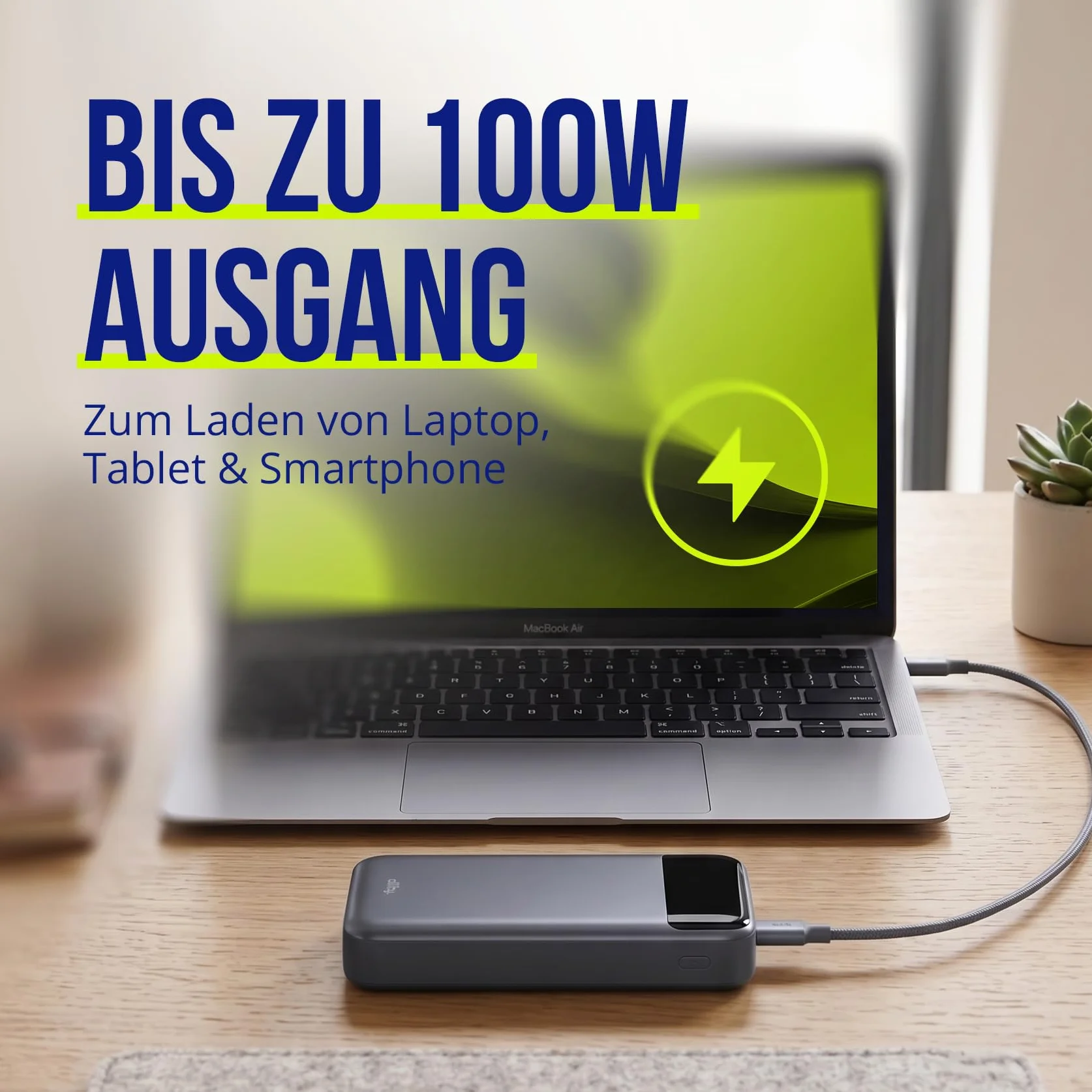Powerbank 19200 mAh 130 W – USB-C PD & QC szybka ładowarka do laptopa, telefonu komórkowego i tabletu – aluminiowa obudowa, wyświetlacz LCD, kompaktowy, w zestawie kabel 100 W – szary Power