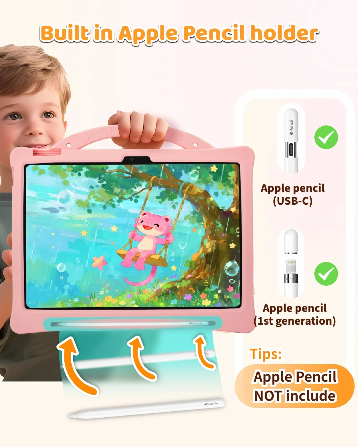 Etui dziecięce do iPada A16 11. generacji 11 cali 2025 i iPada 10. generacji 27.7 cm 2022, Axolotl 3D, uroczy, silikonowy pokrowiec dla dzieci z obrotowym stojakiem, regulowanym paskiem i