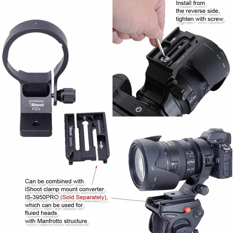 iShoot CNC obiektyw kołnierz pierścień do montażu na statywie kompatybilny z konwerterem bagnetowym Nikon FTZII, uchwyt wspornika obiektywu dno jest Arca-Swiss Fit Quick Release Plate jaskółczy ogon