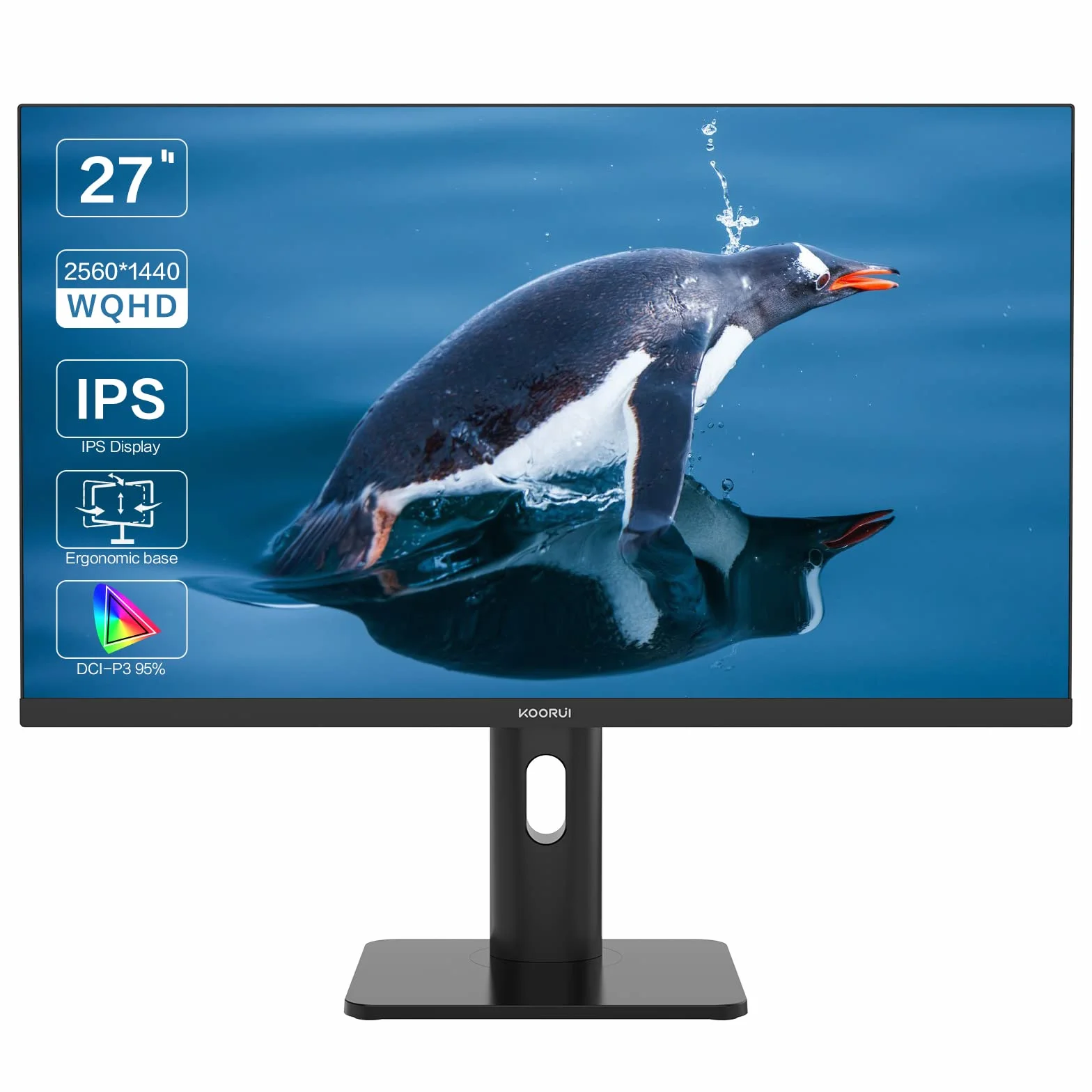 KOORUI Monitor QHD 27 cali, wyświetlacz IPS, 99% Adobe RGB, z regulacją wysokości, 2560 x 1440 pikseli, 60 Hz, 5 ms, USB typu C (65 W), DisplayPort 1.2, HDMI 1.4, czarny