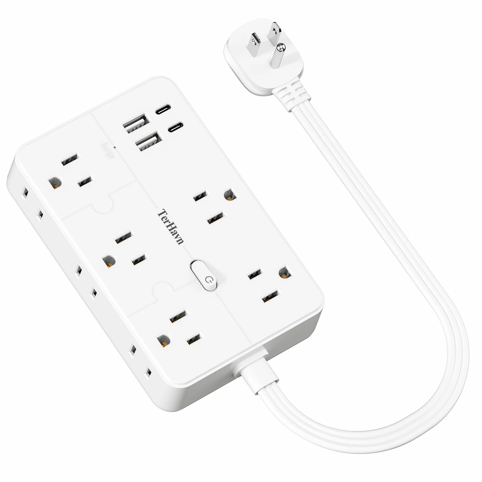 listwa zasilająca chroniąca przed przepięciem, płaski kabel przedłużający 1 stopę, 10 wyjść AC i 4 porty USB (5 V/3,4 A 17 W), 1080J, stacja ładująca do komputera