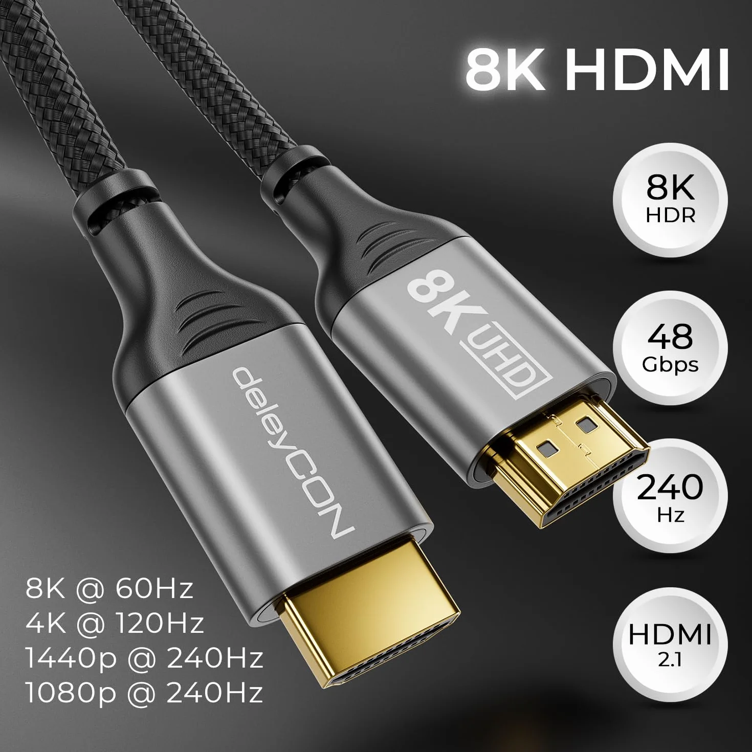 deleyCON 3,0m 8K HDMI 2.1 Kabel (48G, ULTRA Highspeed) 8K@60Hz 4K@120Hz 2K@144Hz/165Hz EARC HDCP 2.3/2.2 - Kompatybilny z DTS:X Dynamiczny HDR Dolby Atmos TV PS5 Xbox Soundbar Monitor
