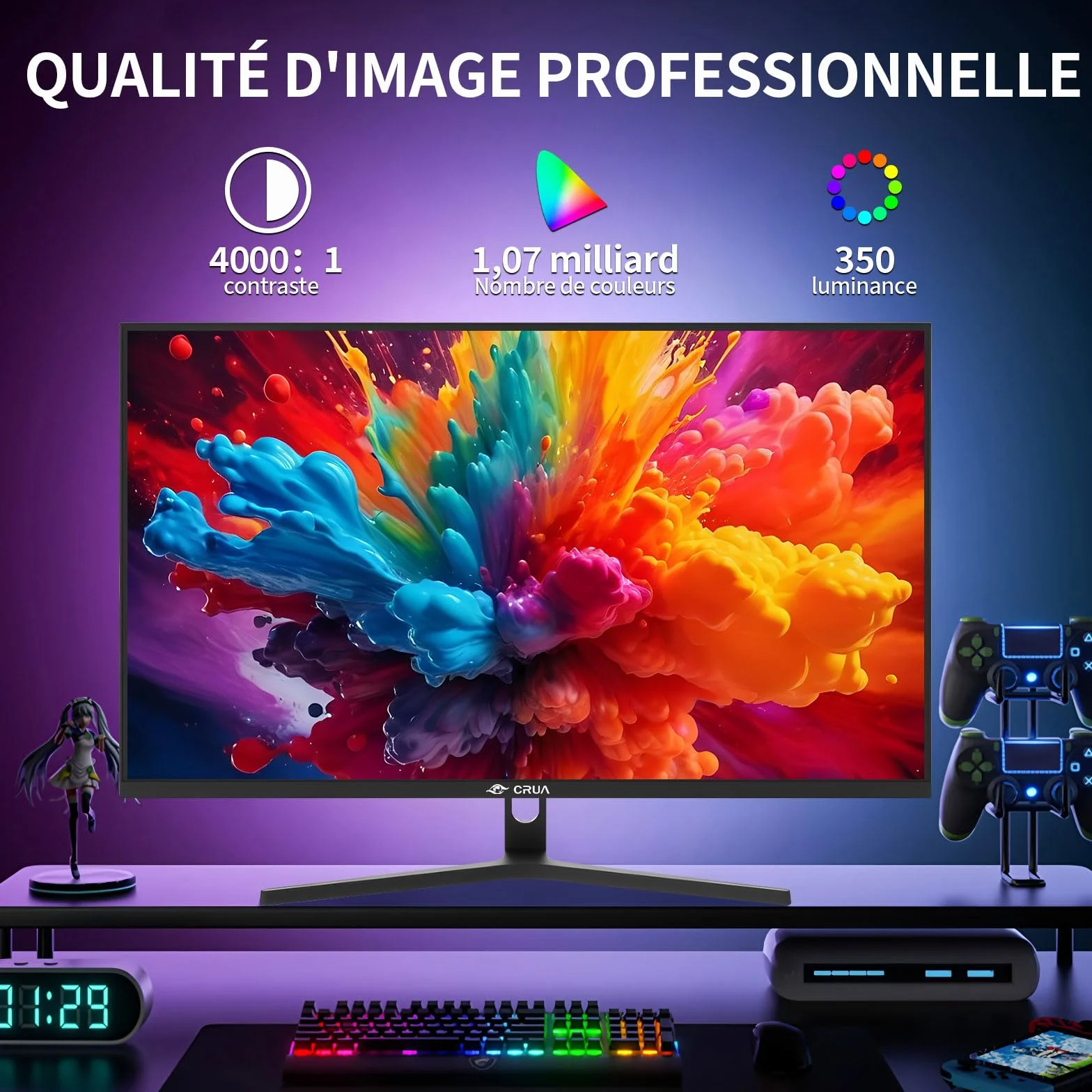 CRUA 32-calowy ekran PC Gamer 4K, monitor gier UHD (3840 x 2160) ekran PC - VA 1ms GtG 60 HzHZ, wyświetlacz HDRTM 400, 98% DCI-P3, AMD FreeSync, nachylenie, regulacja wysokości, tryb portretowy