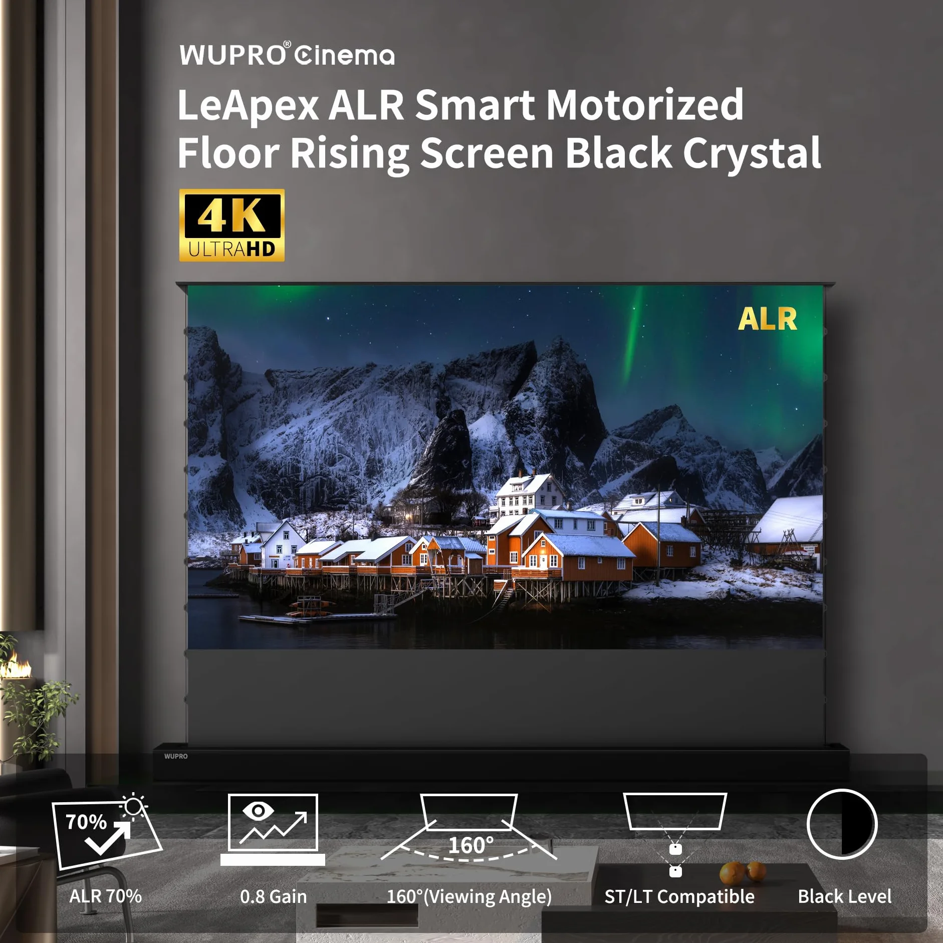 2023 WUPRO nowy elektryczny wysuwany ekran projektora, czarny kryształ, stała rama, urządzenie projekcyjne Anti-Light 4K HD Smart TV, ekrany 72 cale
