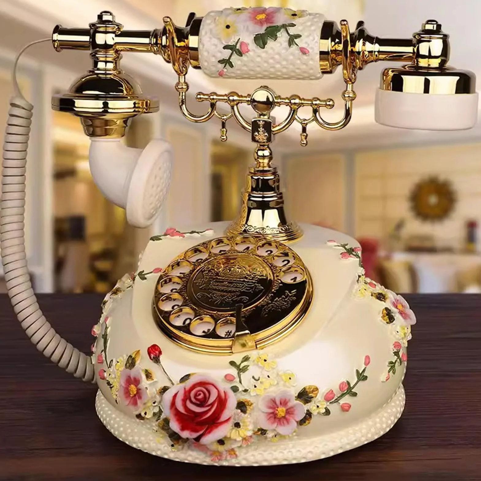 Zabytkowy telefon stacjonarny z obrotową tarczą, antyczny telefon dekoracyjny do domu, biura, hotelu